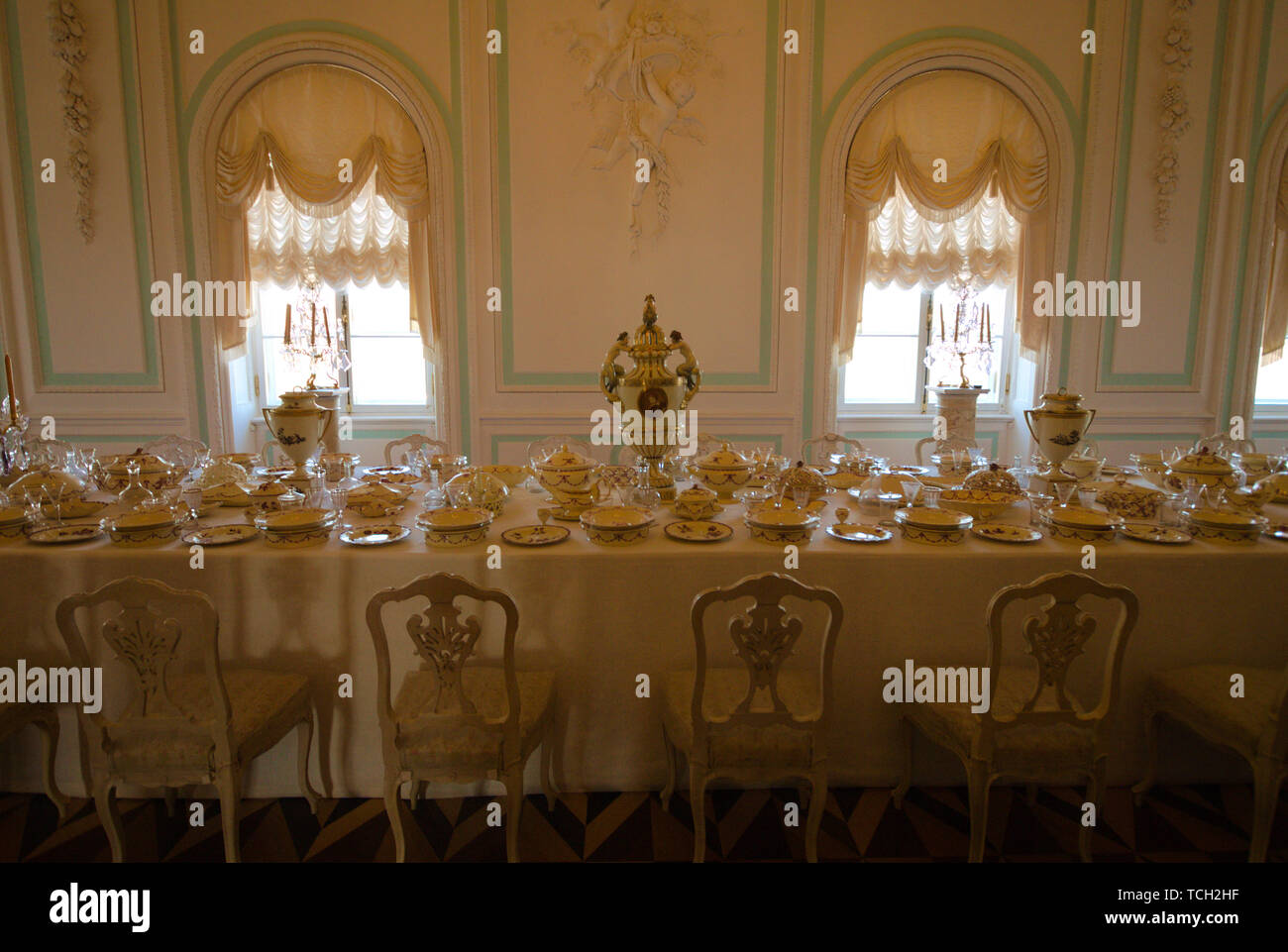 A dining room in the Grand Palace of Peterhof, Petrodvorets, Saint Petersburg, Russia Stock Photo
