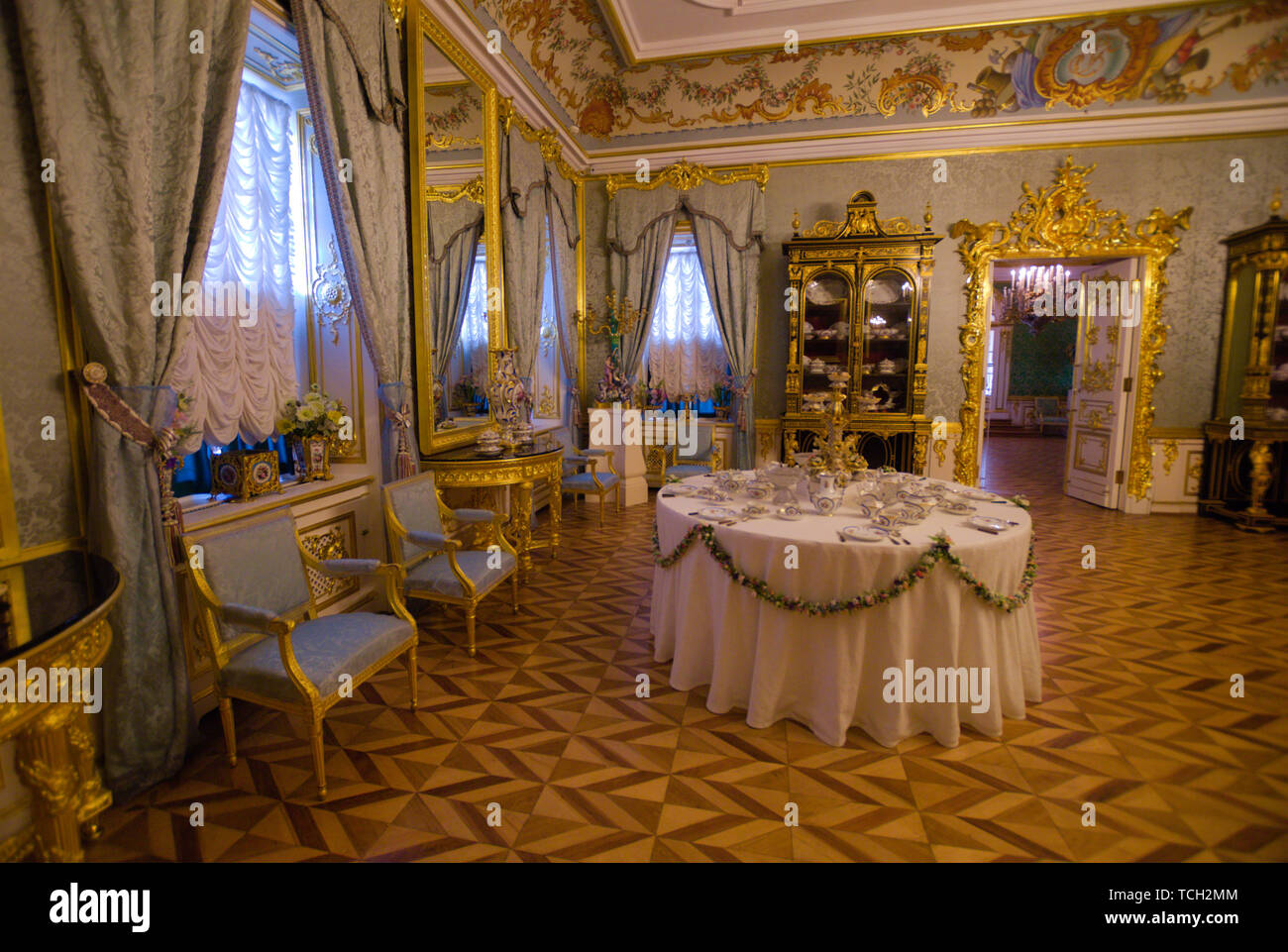 Dining hall in Peterhof Palace, Petrodvorets, Saint Petersburg, Russia Stock Photo