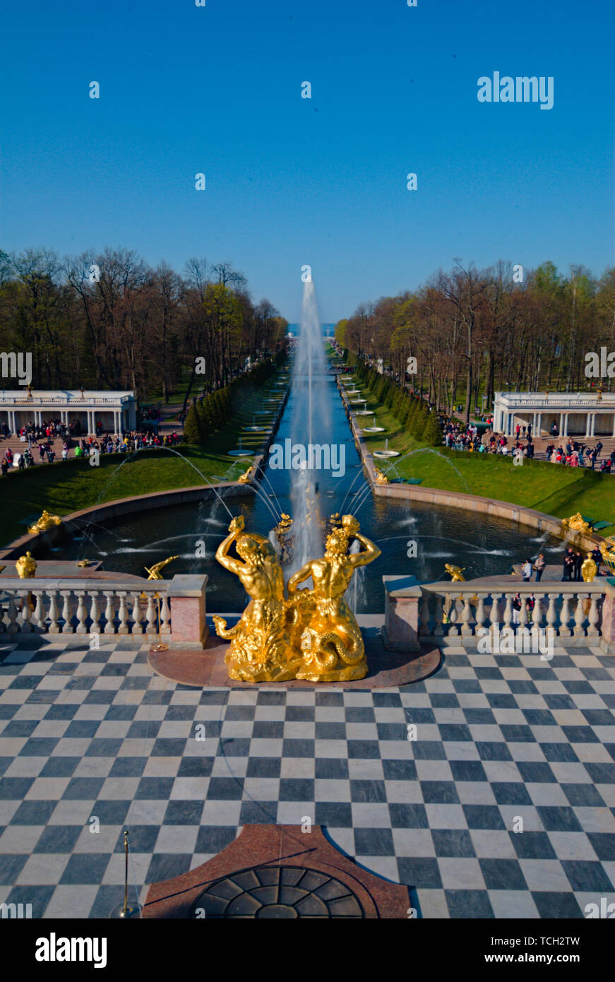 Fountains in the gardens of Peterhof Museum, Petrodvorets, Saint Petersburg, Russia Stock Photo