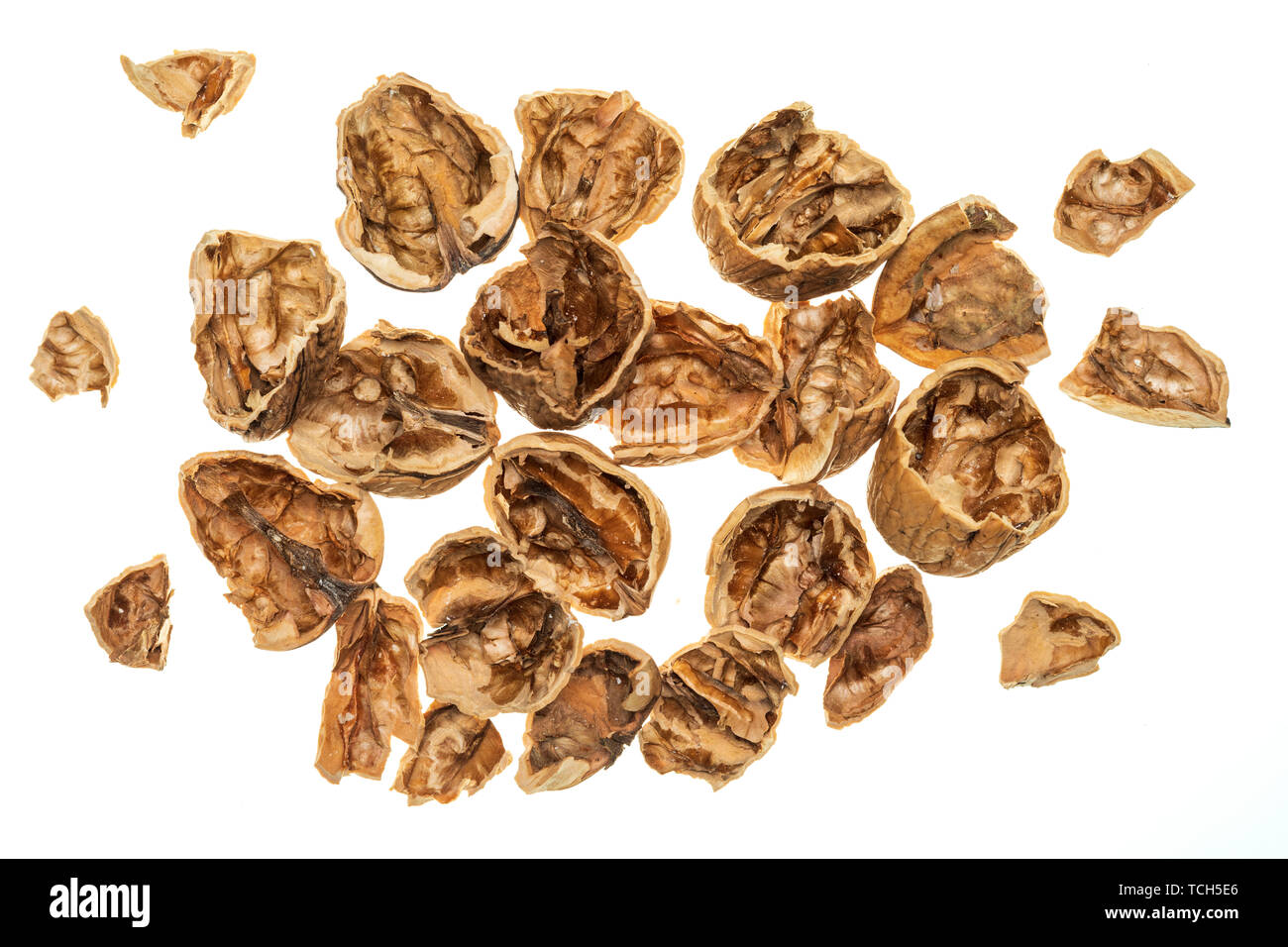 Walnut shells (open, broken) falling. Isolated on white background ...