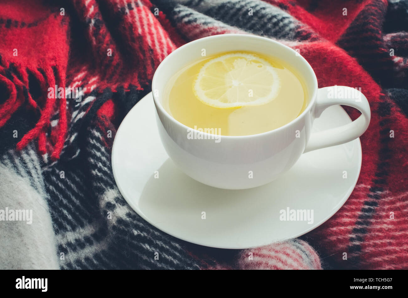 Cup Of Tea With Lemon On Red Warm Woolen Blanket Hot Drink For Cold Rainy Days Danish Hygge Concept Autumn Mood Cozy Winter Morning At Home Warm Stock Photo Alamy