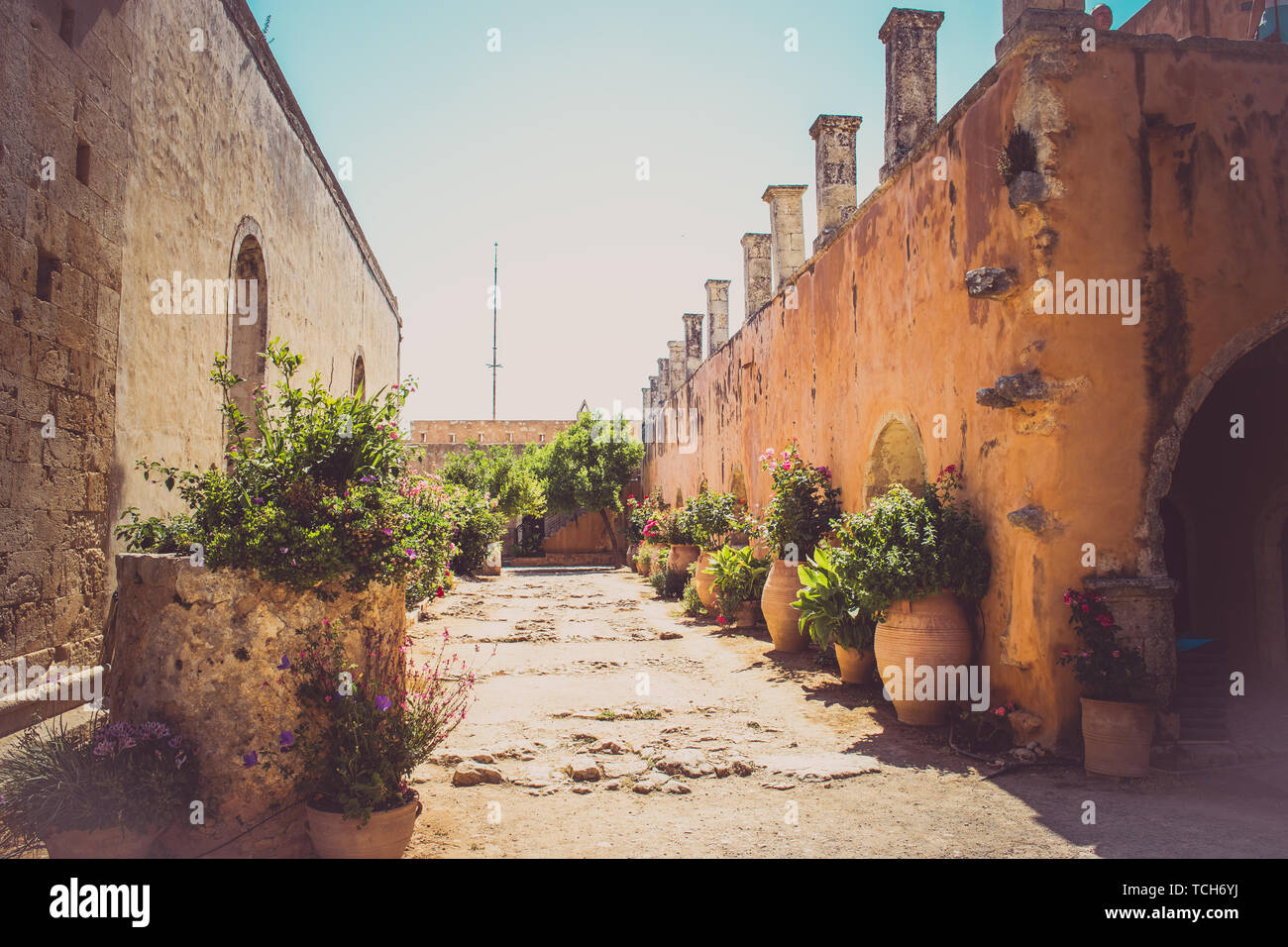 Inner garden monastery of Arkadi, Crete, Greece Stock Photo