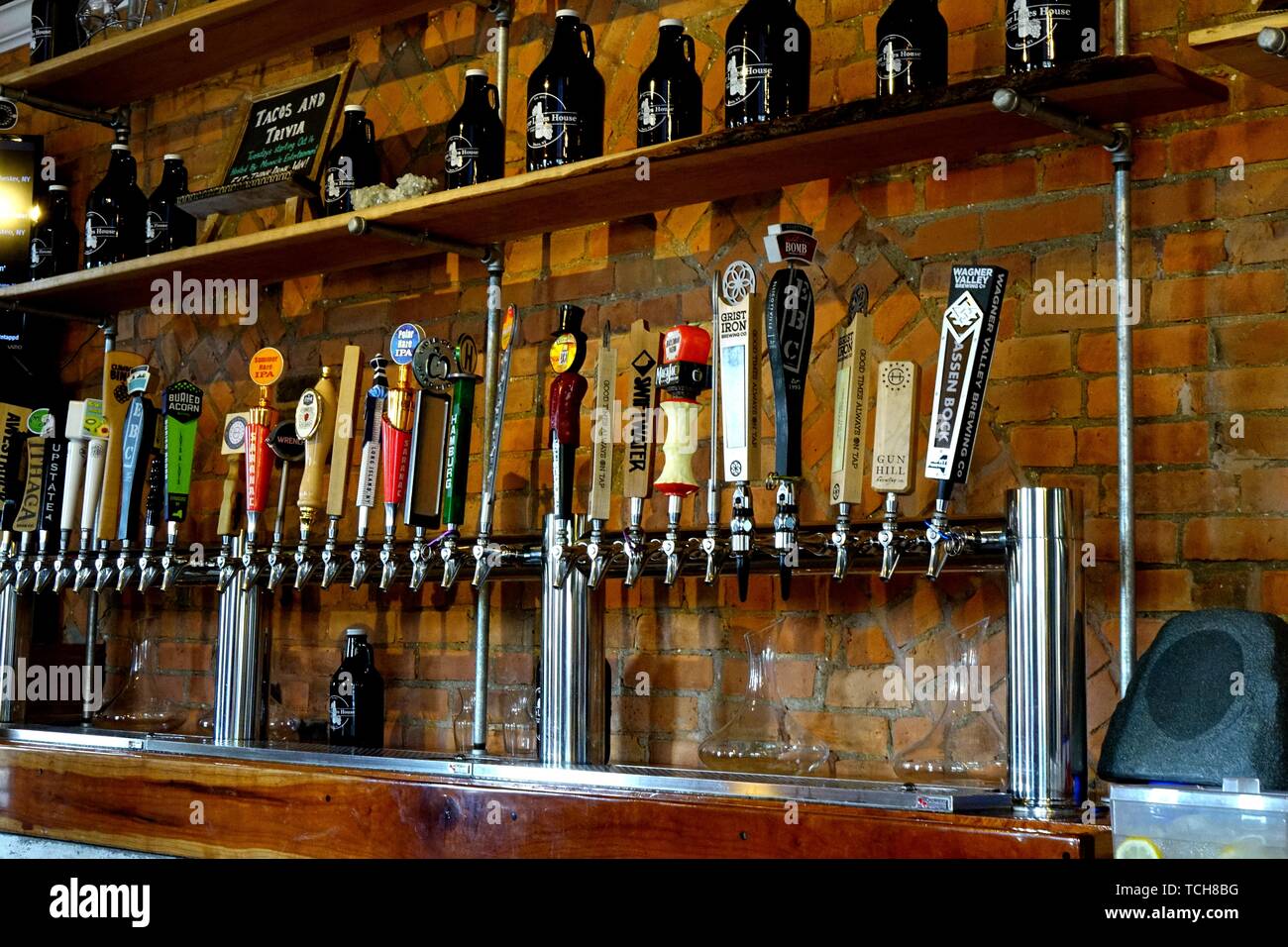 Row of beer taps, Finger Lakes House Wine Bar, Elmira, New York Stock Photo