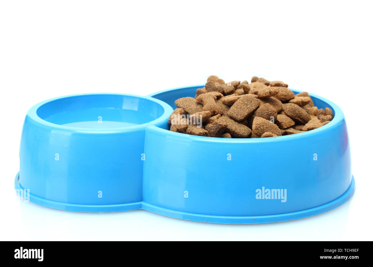 dry dog food and water in blue bowl isolated on white Stock Photo Alamy