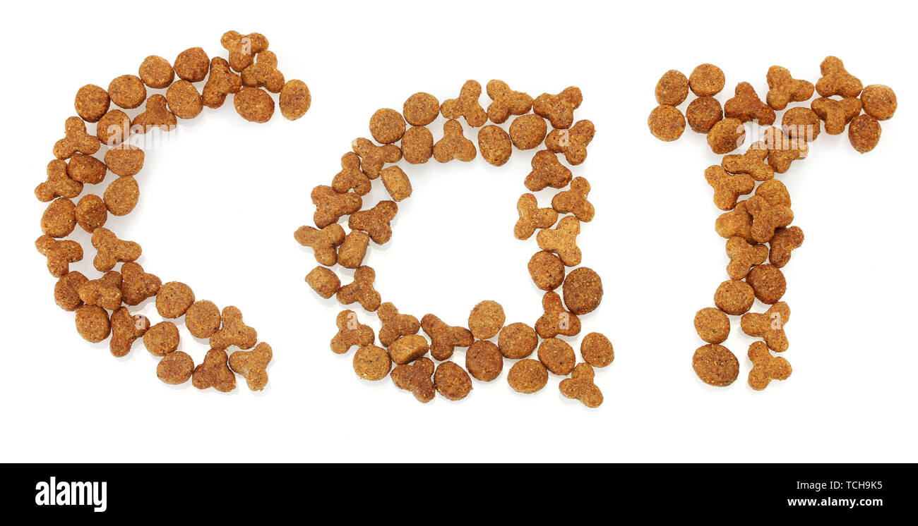 Inscription Cat of dry cat food isolated on white Stock Photo - Alamy
