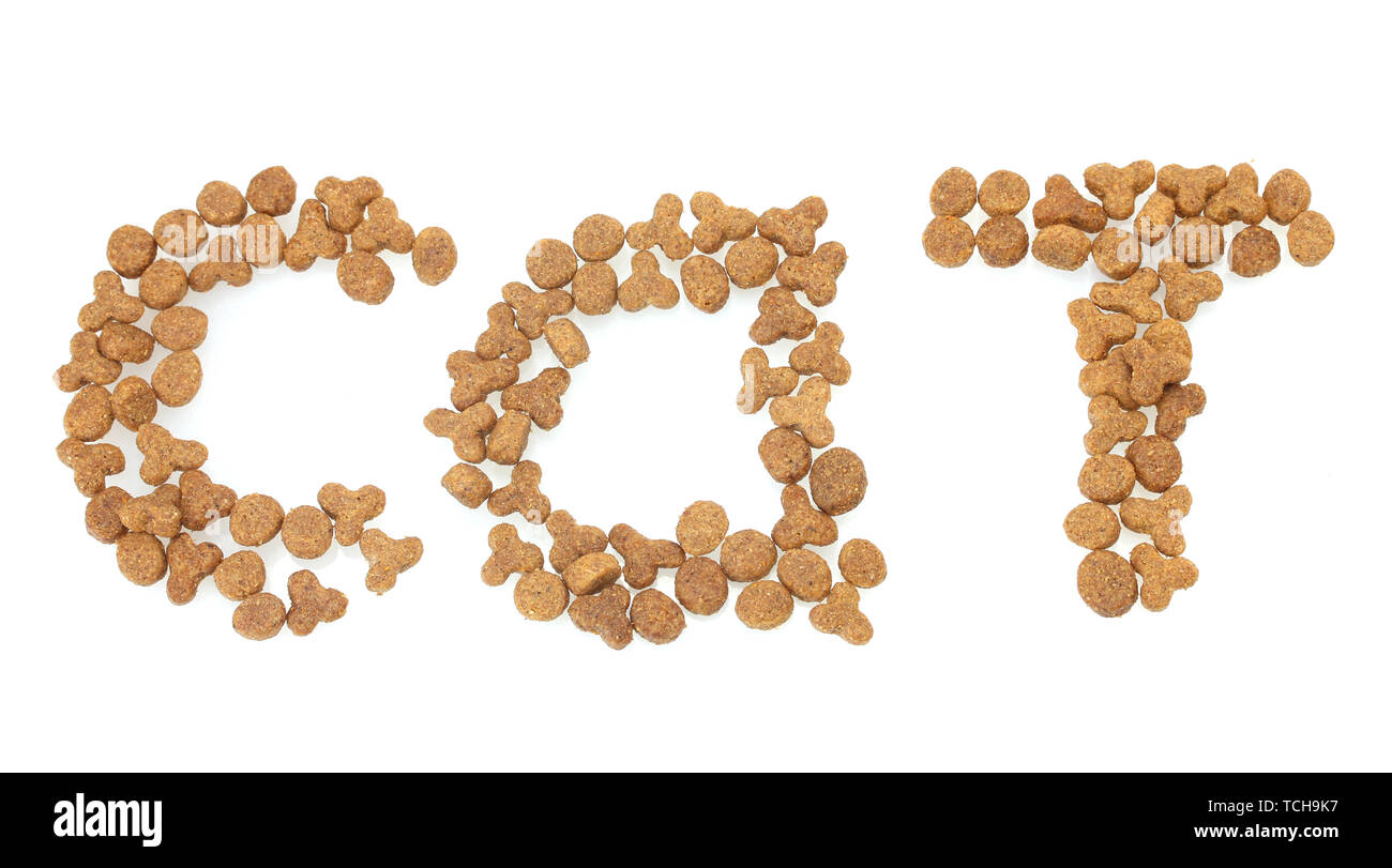 Inscription Cat of dry cat food isolated on white Stock Photo - Alamy