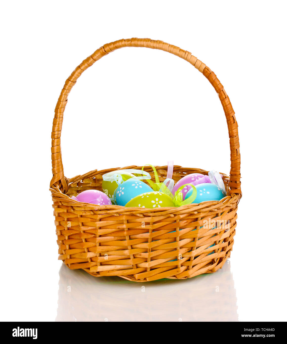 Colorful easter eggs in basket isolated on white Stock Photo - Alamy
