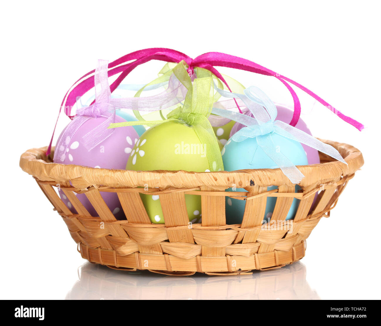 Colorful easter eggs in basket isolated on white Stock Photo - Alamy