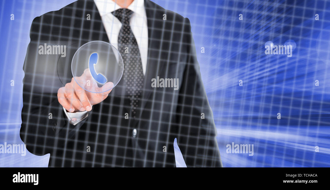 Businessman pressing button on touchscreen interface and selecting phone call Stock Photo