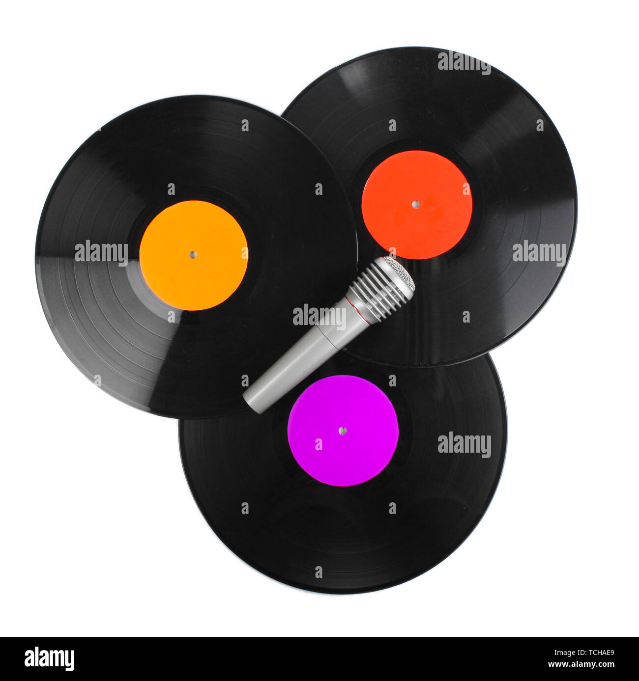 Black vinyl records and microphone isolated on white Stock Photo Alamy