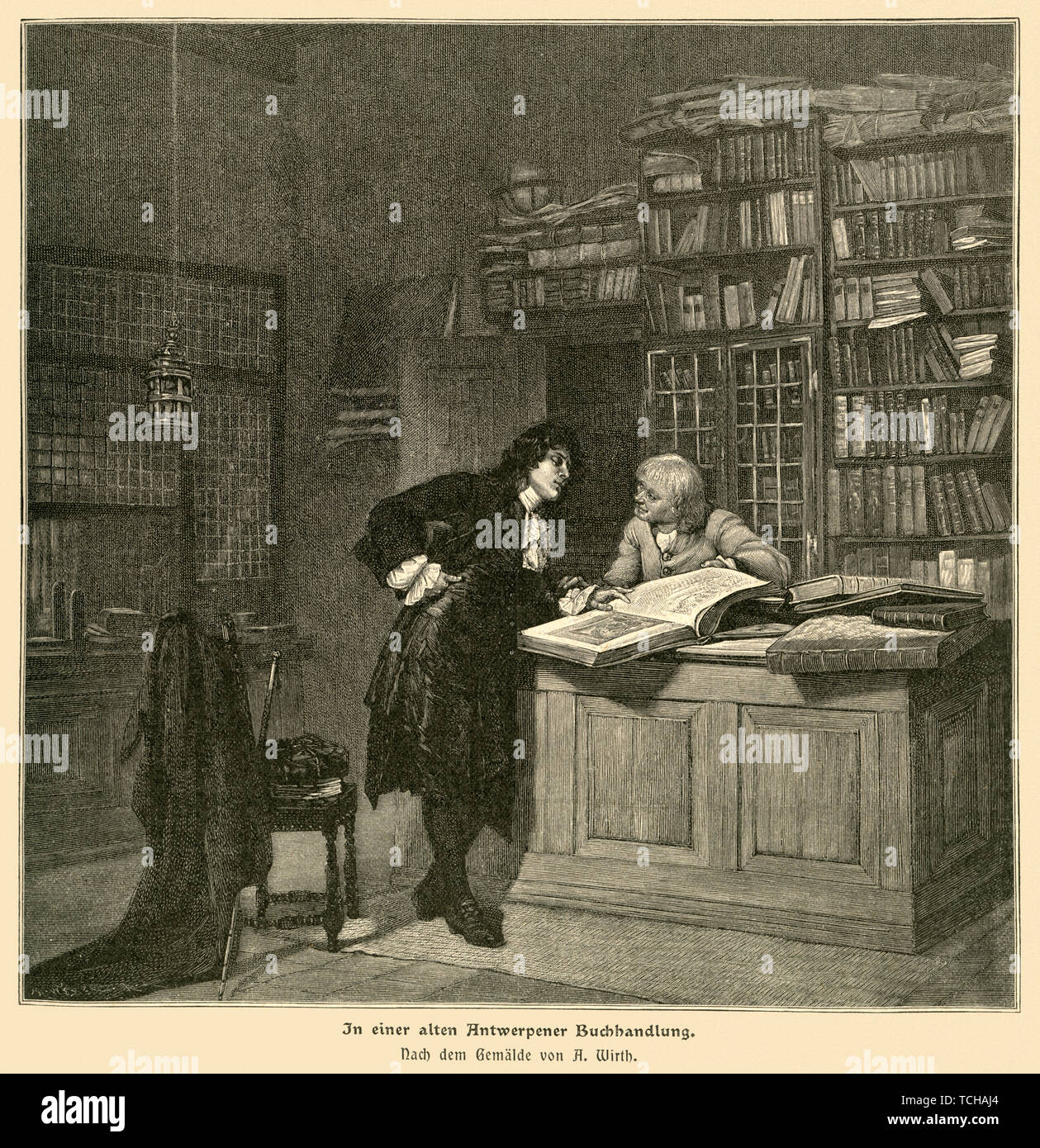 Europa, Belgien, Antwerpen, ' In einer alten Antwerpener Buchhandlung ' , Stich nach dem Gemälde von A. Wirth ( 1848-1923 ) , aus : '  Die Gartenlaube Stock Photo