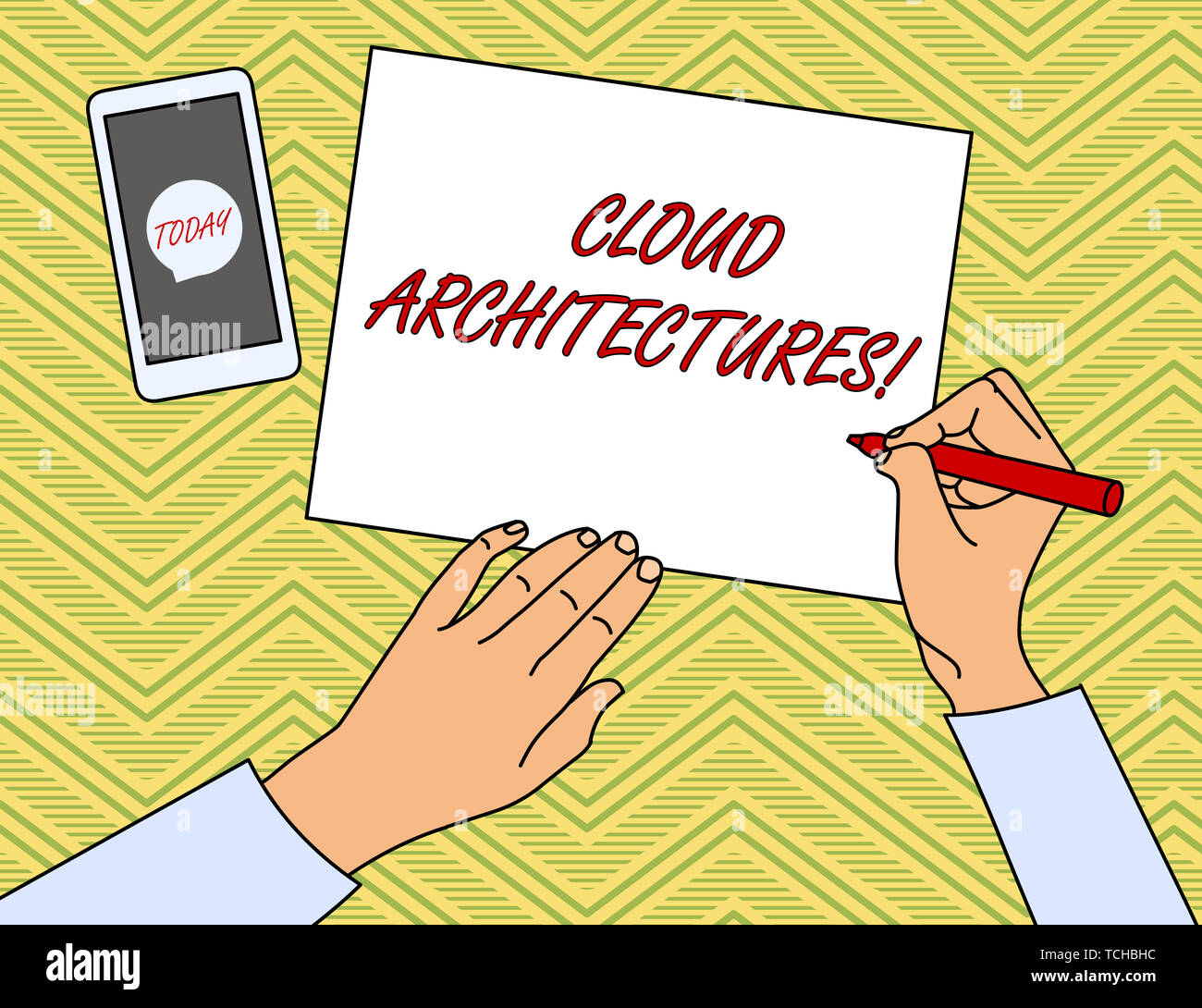 Writing note showing Cloud Architectures. Business concept for Various Engineered Databases Softwares Applications Top View Man Writing Paper Pen Smar Stock Photo