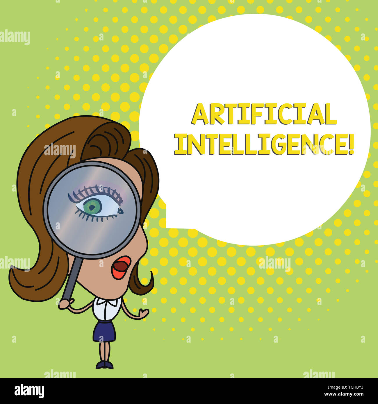Conceptual hand writing showing Artificial Intelligence. Concept meaning Machine copy Cognitive function like Problem Solving Woman Looking Trough Mag Stock Photo