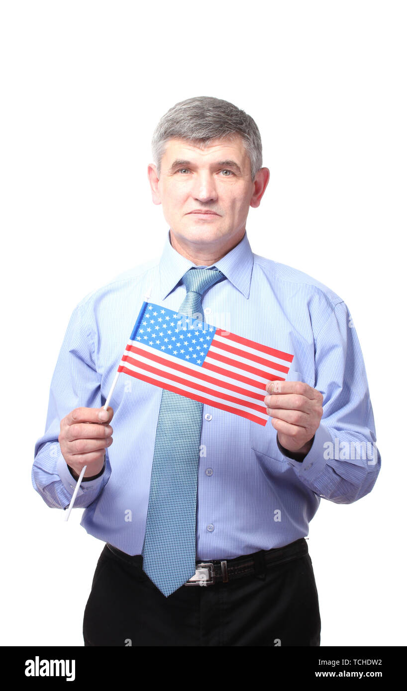 businessman with american flag isolated on white Stock Photo - Alamy