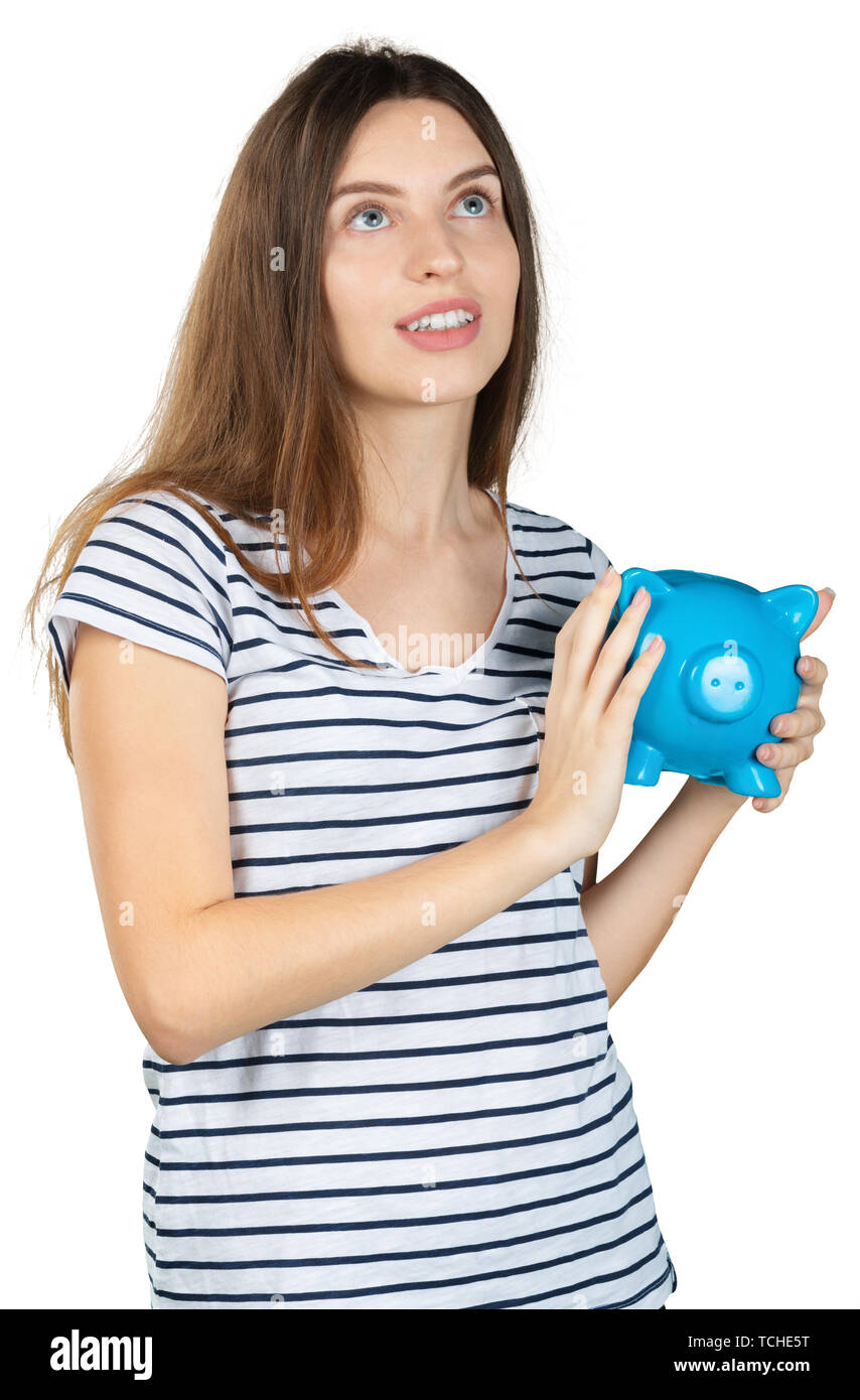 Woman with a piggy bank. Isolated over white background Stock Photo - Alamy