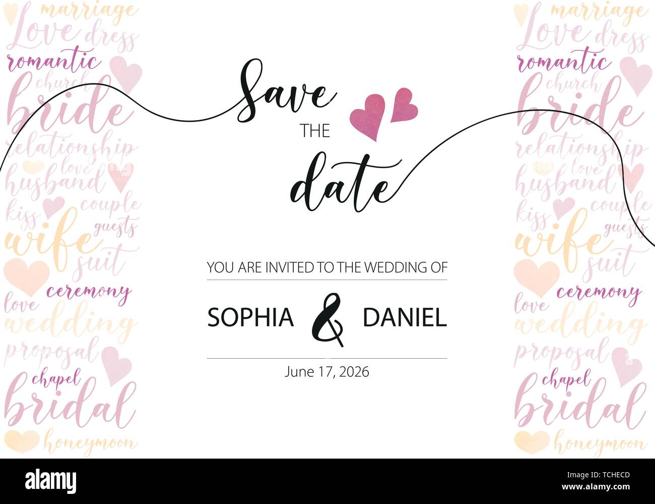 save the date vector with wedding word cloud Stock Vector