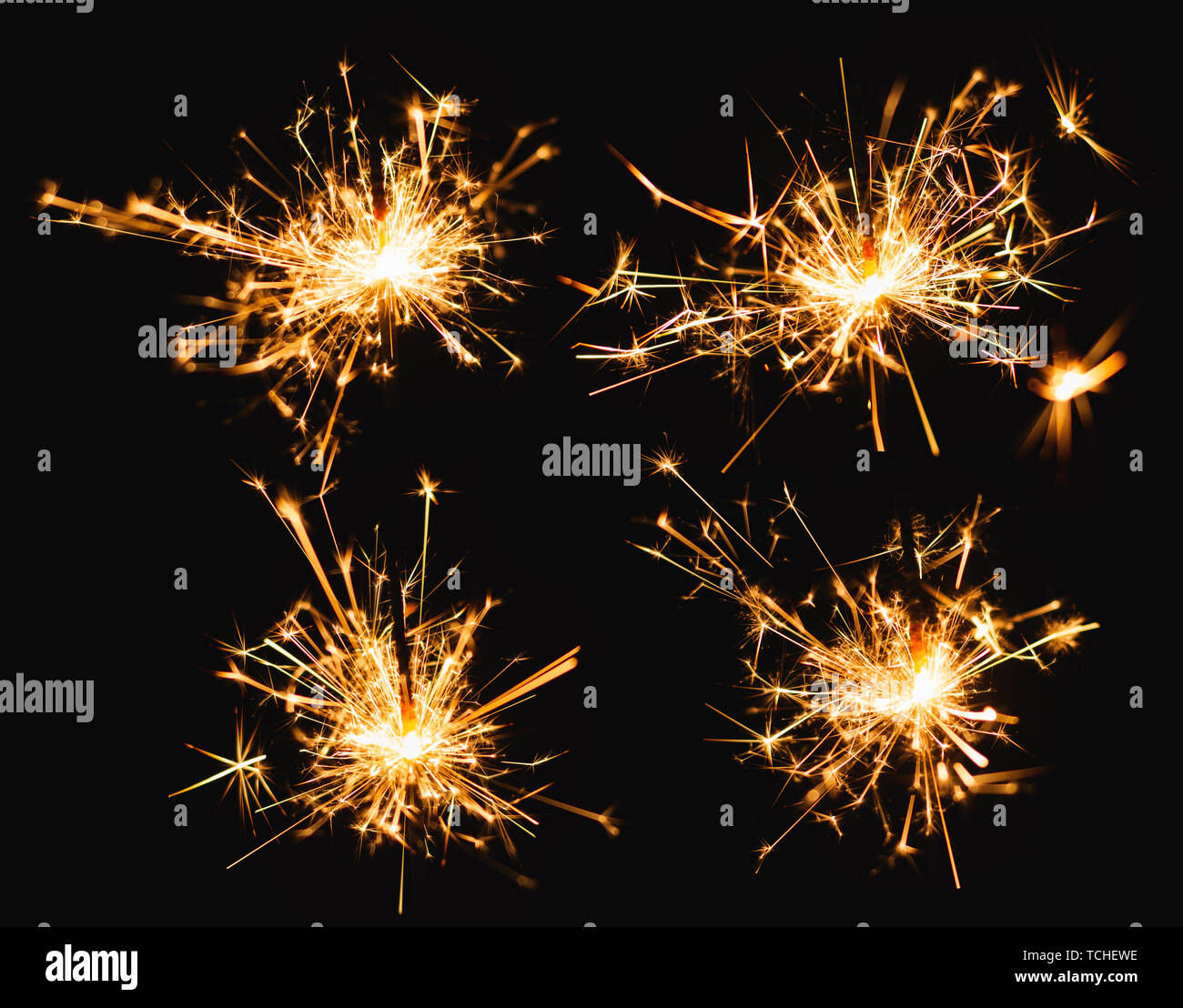 Sparkler burn set isolated on black background with clipping path Stock