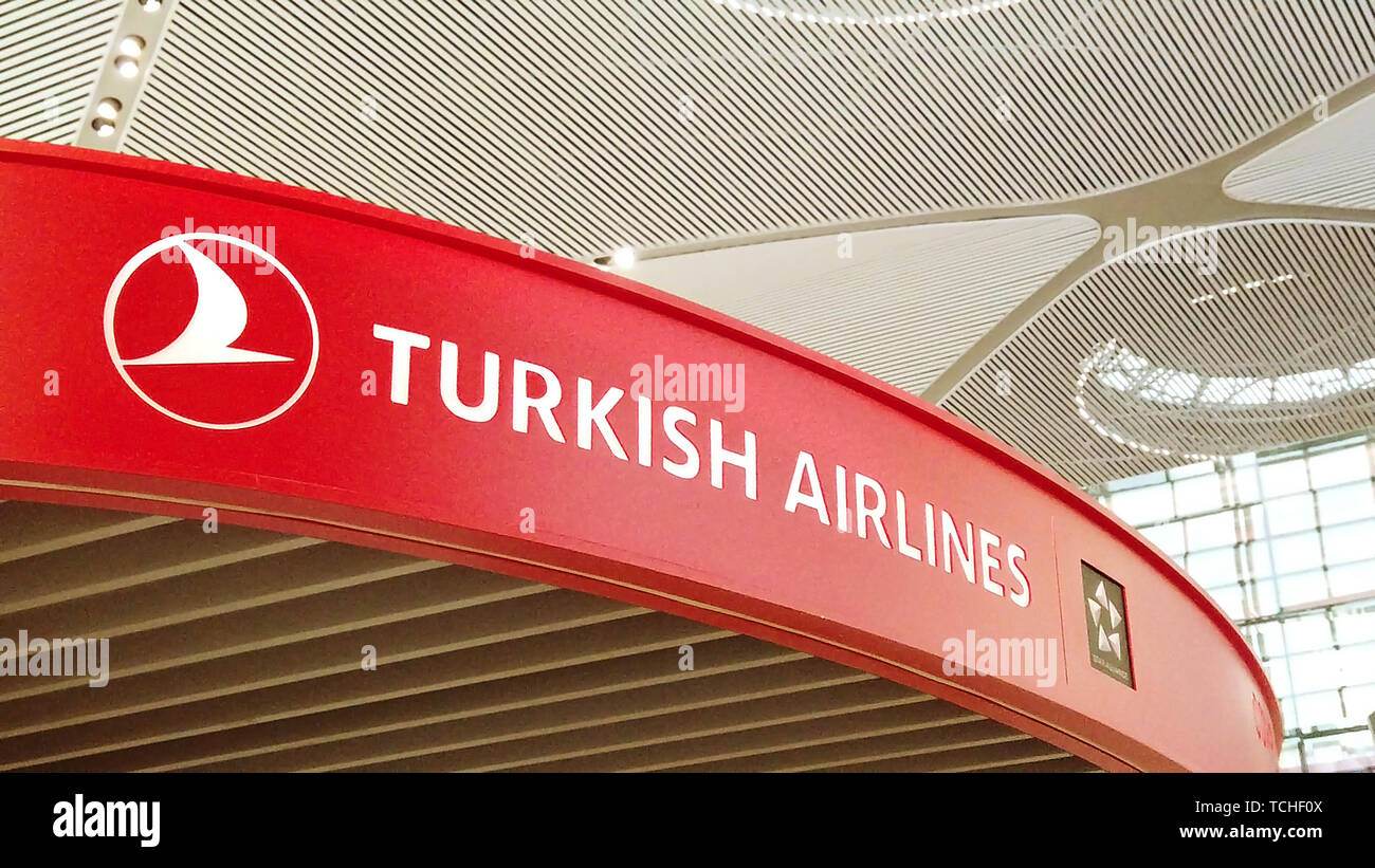 Istanbul, Turkey - May 7, 2019: Turkish Airlines sign and escalator of Istanbul International Airport, Istanbul Yeni Havalimani. Main hub of Turkish Stock Photo