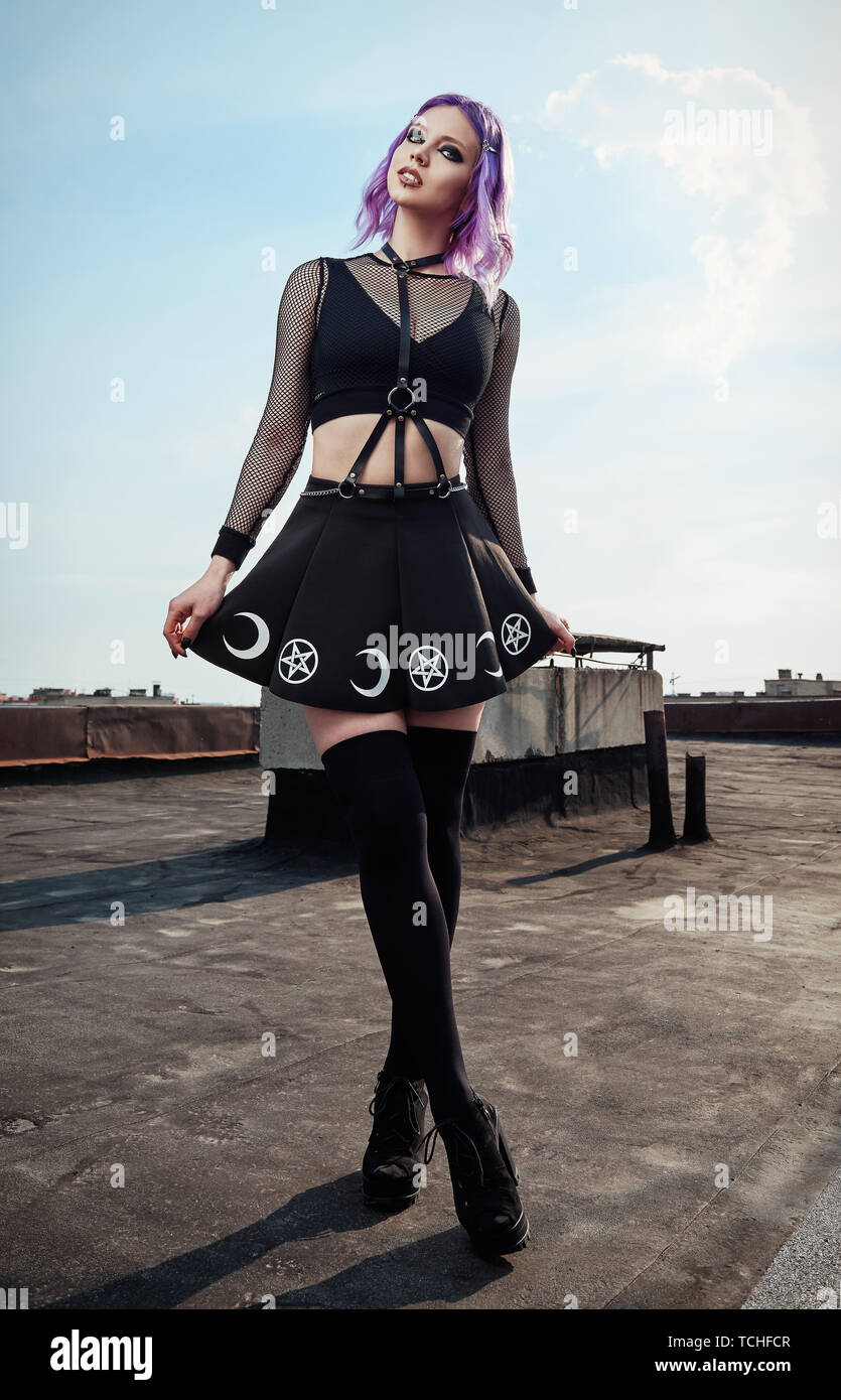 Portrait Of Lovely Gothic Girl On The Roof Pastel Goth With Violet Pink Hair In Black Clothes Stock Photo Alamy Portrait Of Lovely Gothic Girl On The Roof Pastel Goth With Violet Pink Hair In Black Clothes Stock Photo Alamy