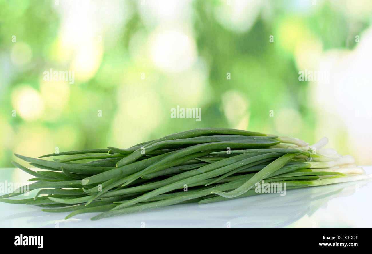 Green onion on green background Stock Photo - Alamy