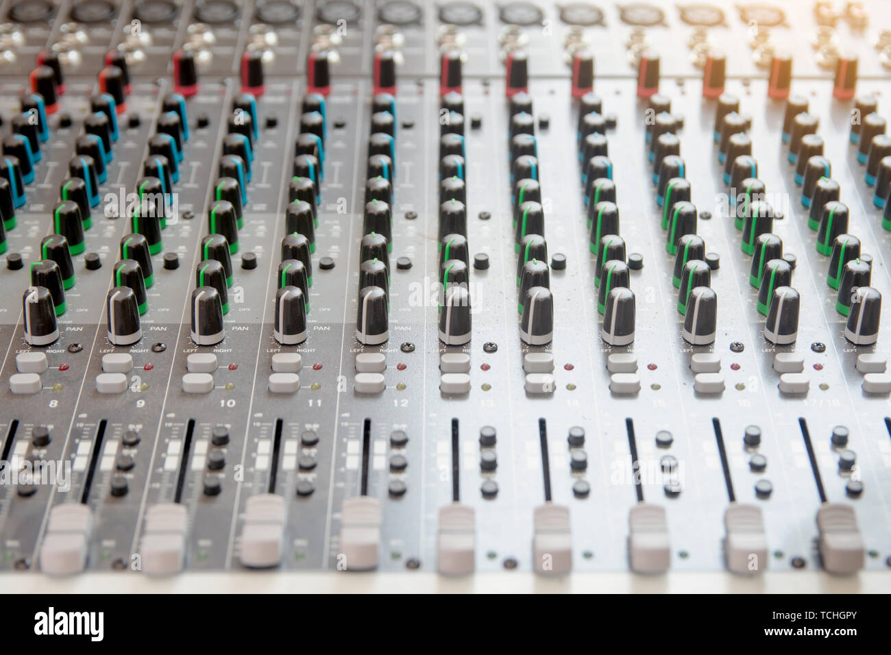 Audio sound mixer control panel. Sound console buttons for adjust the ...