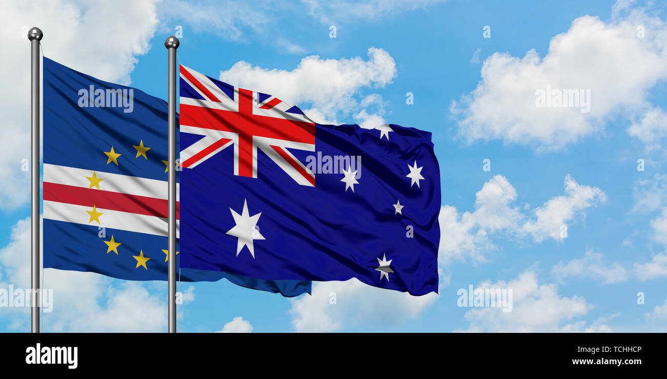 Cape Verde and Australia flag waving in the wind against white cloudy blue  sky together. Diplomacy concept, international relations Stock Photo - Alamy