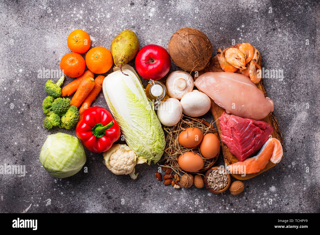 Paleo diet. Healthy high protein and low carbohydrate products Stock Photo