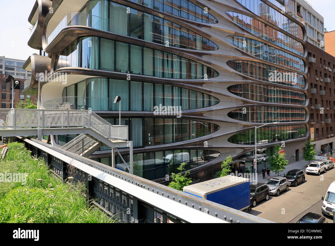 520 West. 28th Street. the luxury apartment building designed by Zaha Hadid next to the High line Park in Chelsea.Manhattan.New York City.USA Stock Photo