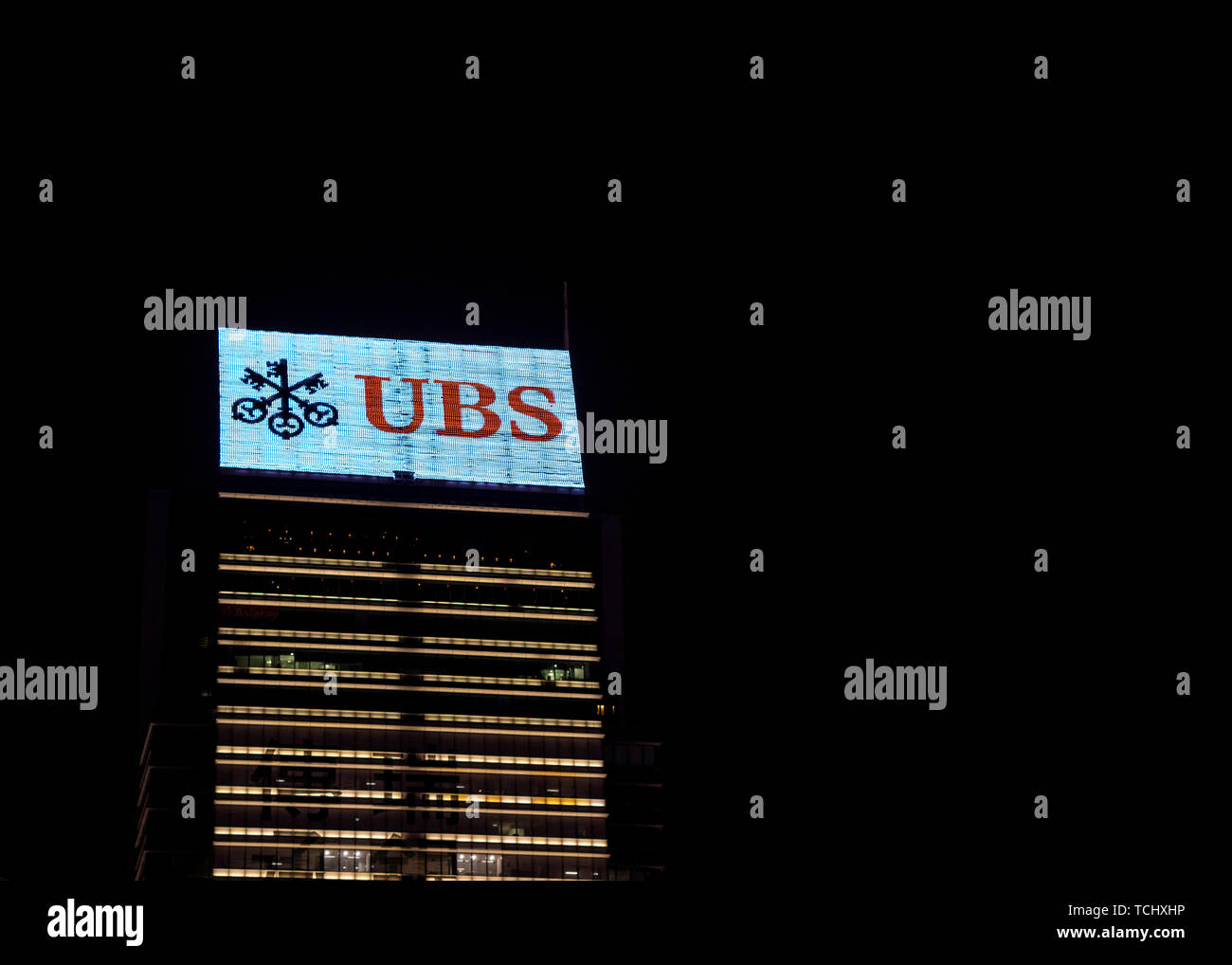 Central, Hongkong, China, 20th, January, 2019: The night view of the UBS building. Stock Photo