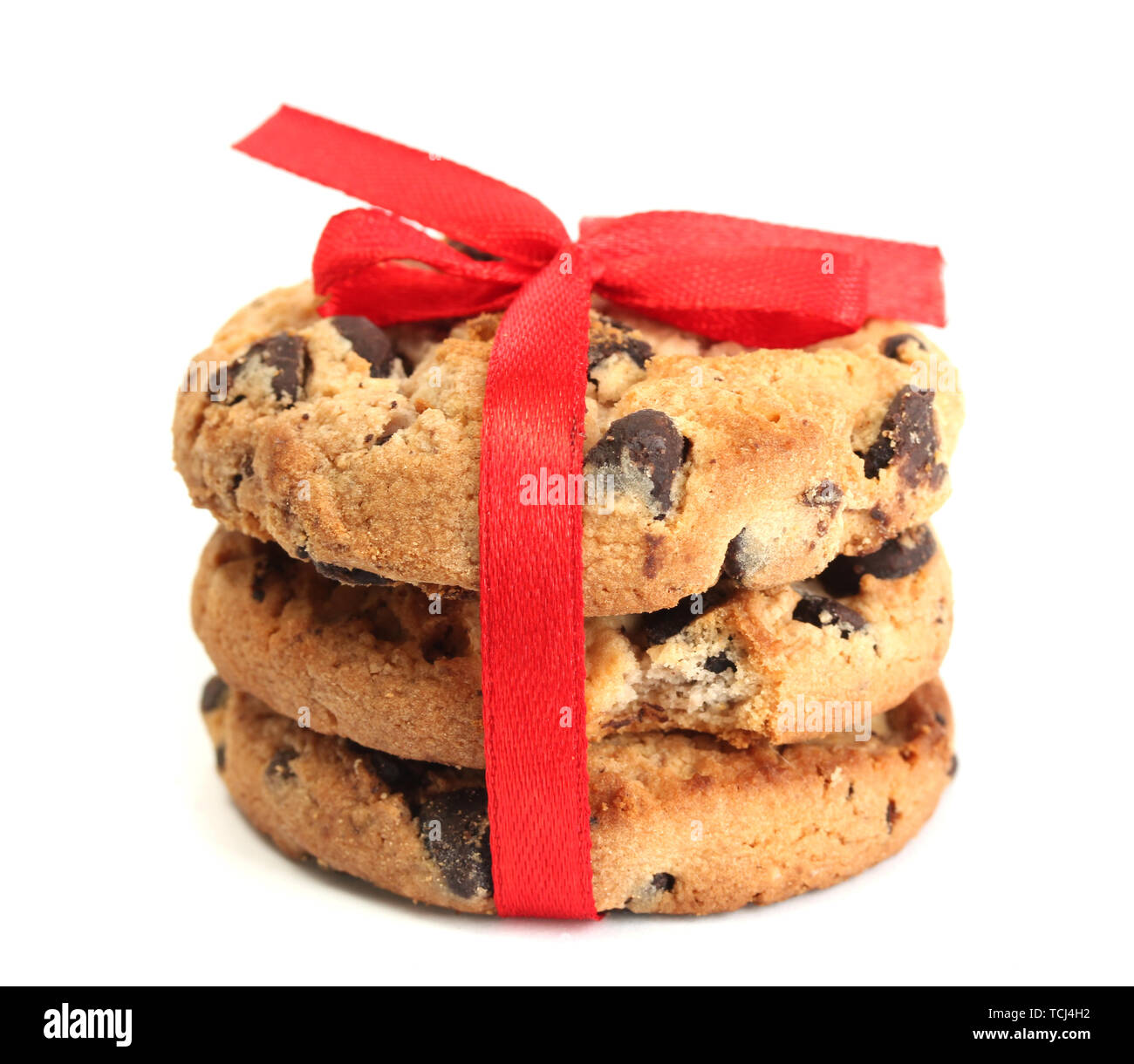 Chocolate chips cookies with red ribbon isolated on white Stock Photo ...