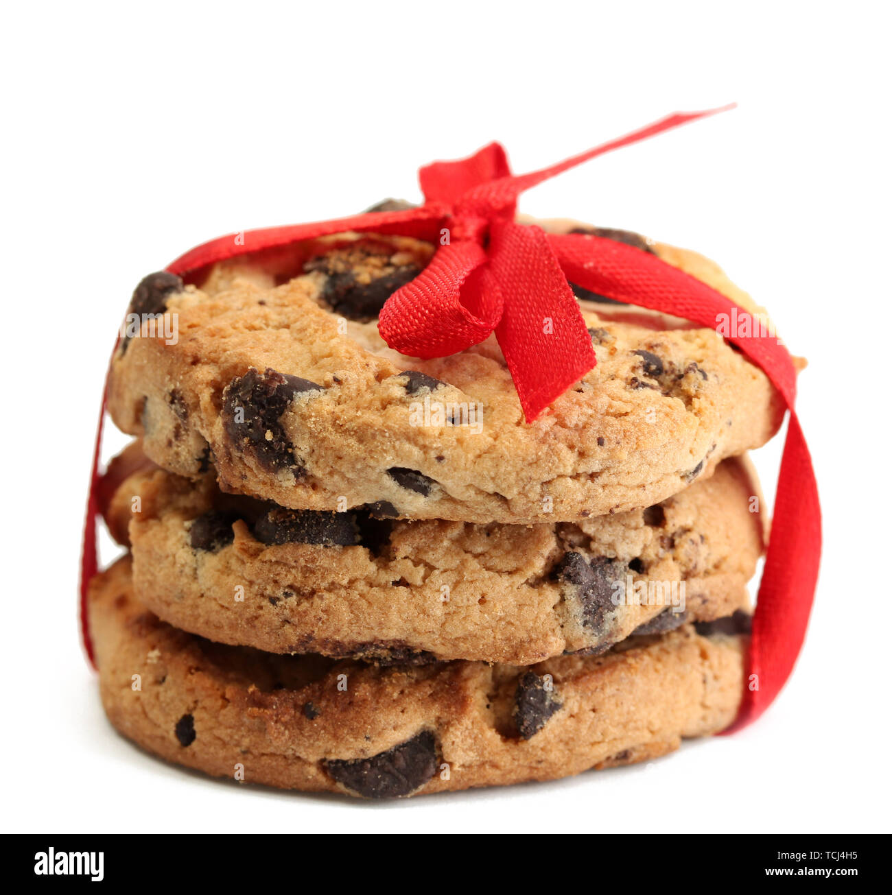 Chocolate chips cookies with red ribbon isolated on white Stock Photo ...