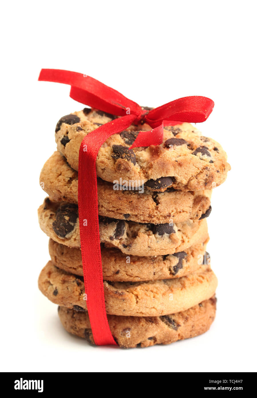 Chocolate chips cookies with red ribbon isolated on white Stock Photo ...