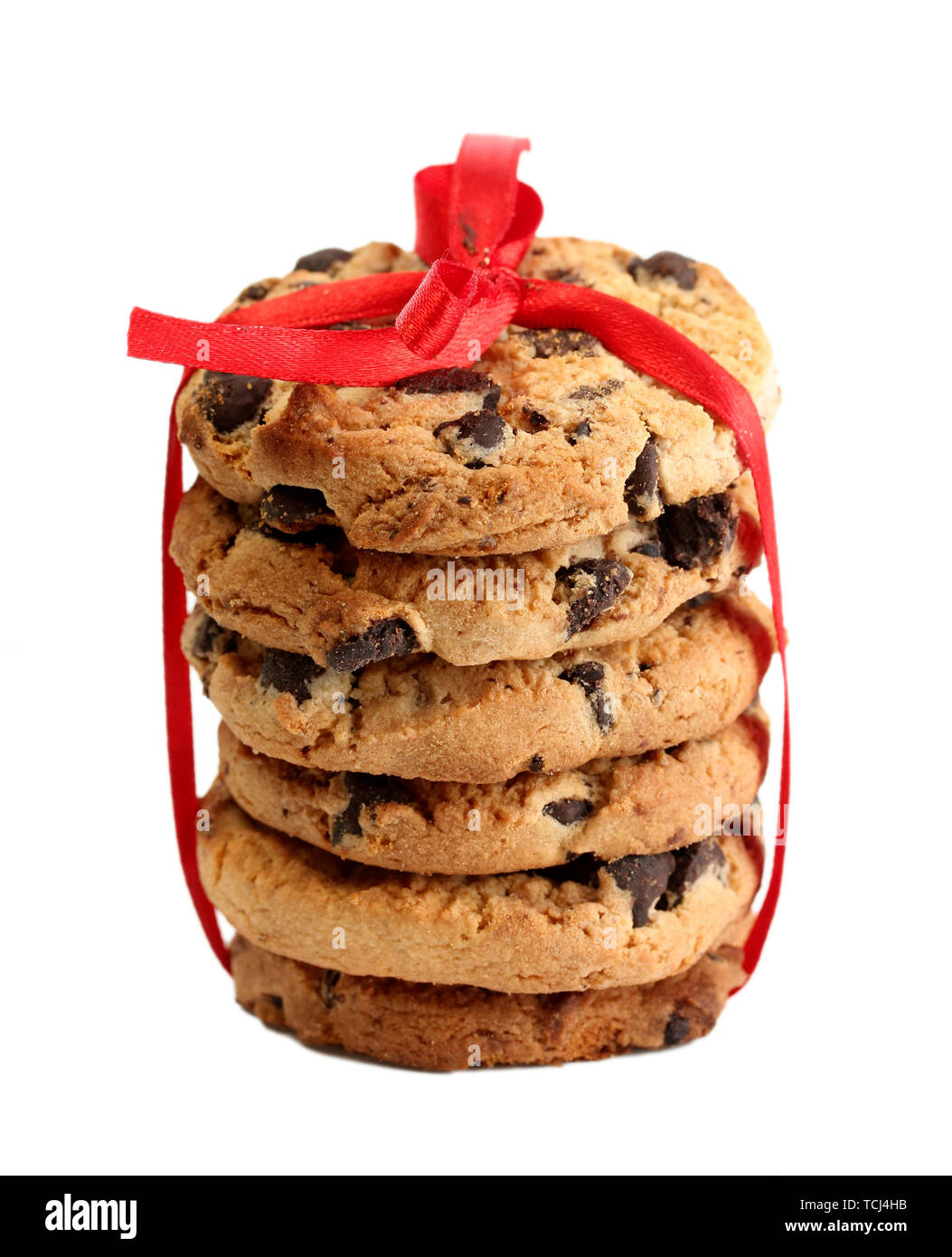 Chocolate chips cookies with red ribbon isolated on white Stock Photo ...