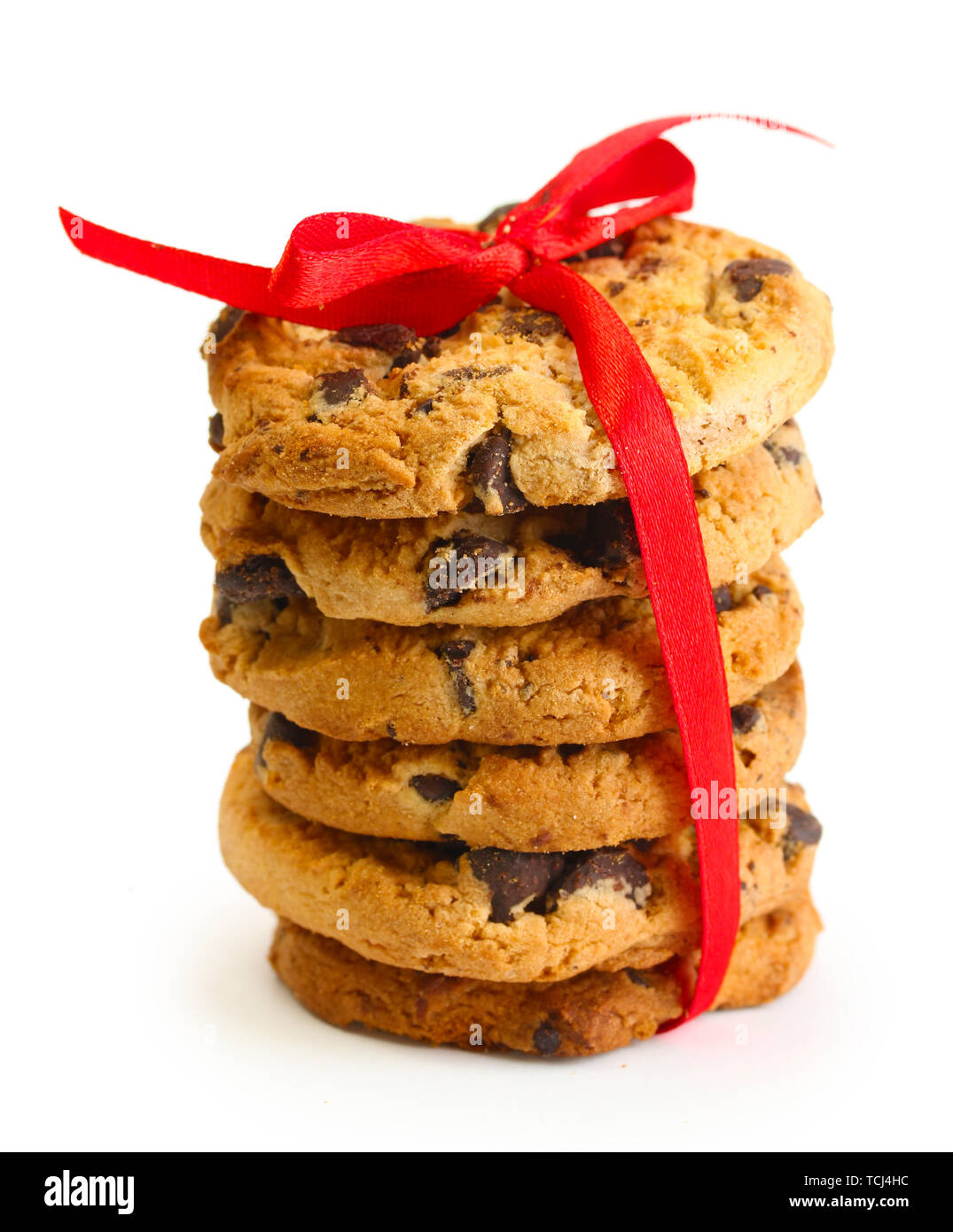 Chocolate chips cookies with red ribbon isolated on white Stock Photo ...