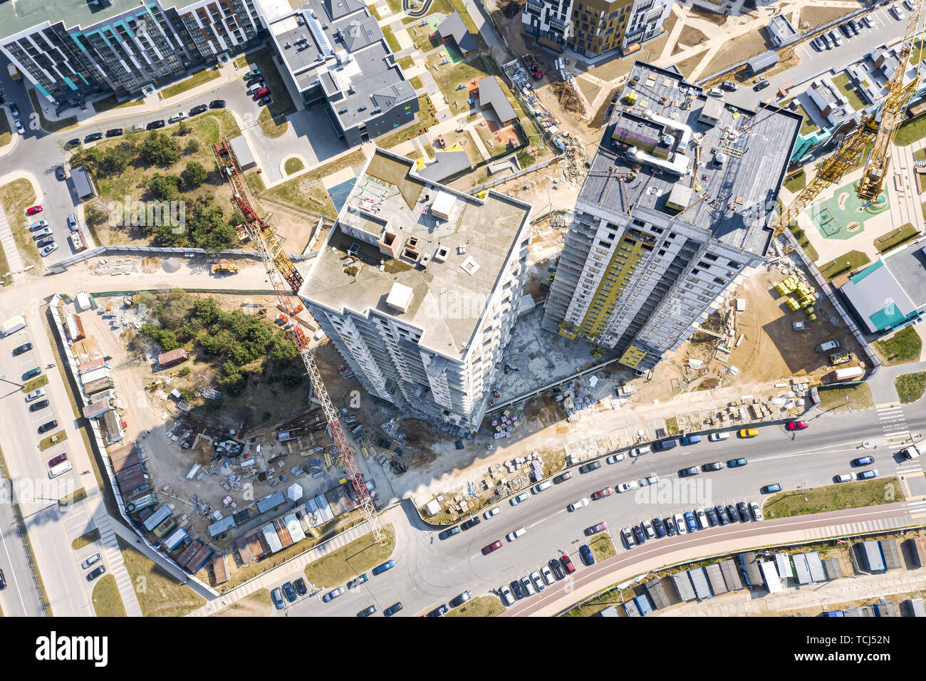 civil construction site. aerial top view of new apartment buildings in ...