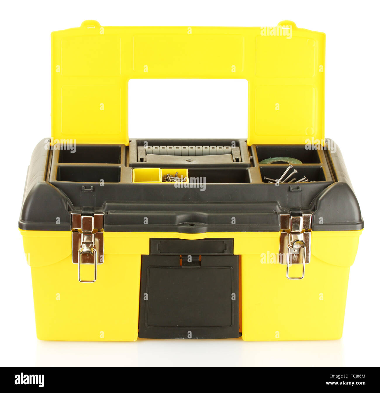 open yellow tool box isolated on white close-up Stock Photo - Alamy