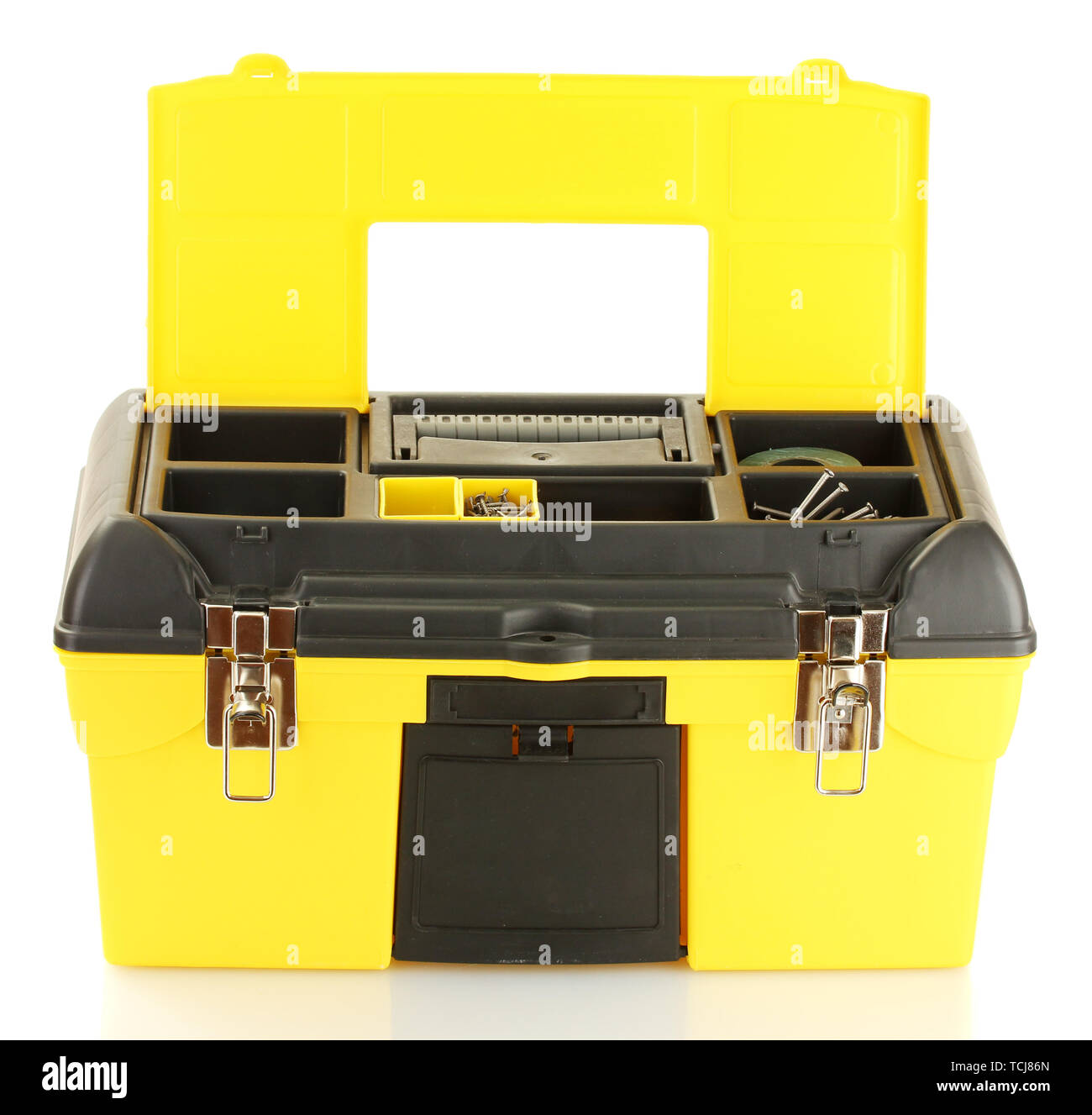 open yellow tool box isolated on white close-up Stock Photo - Alamy