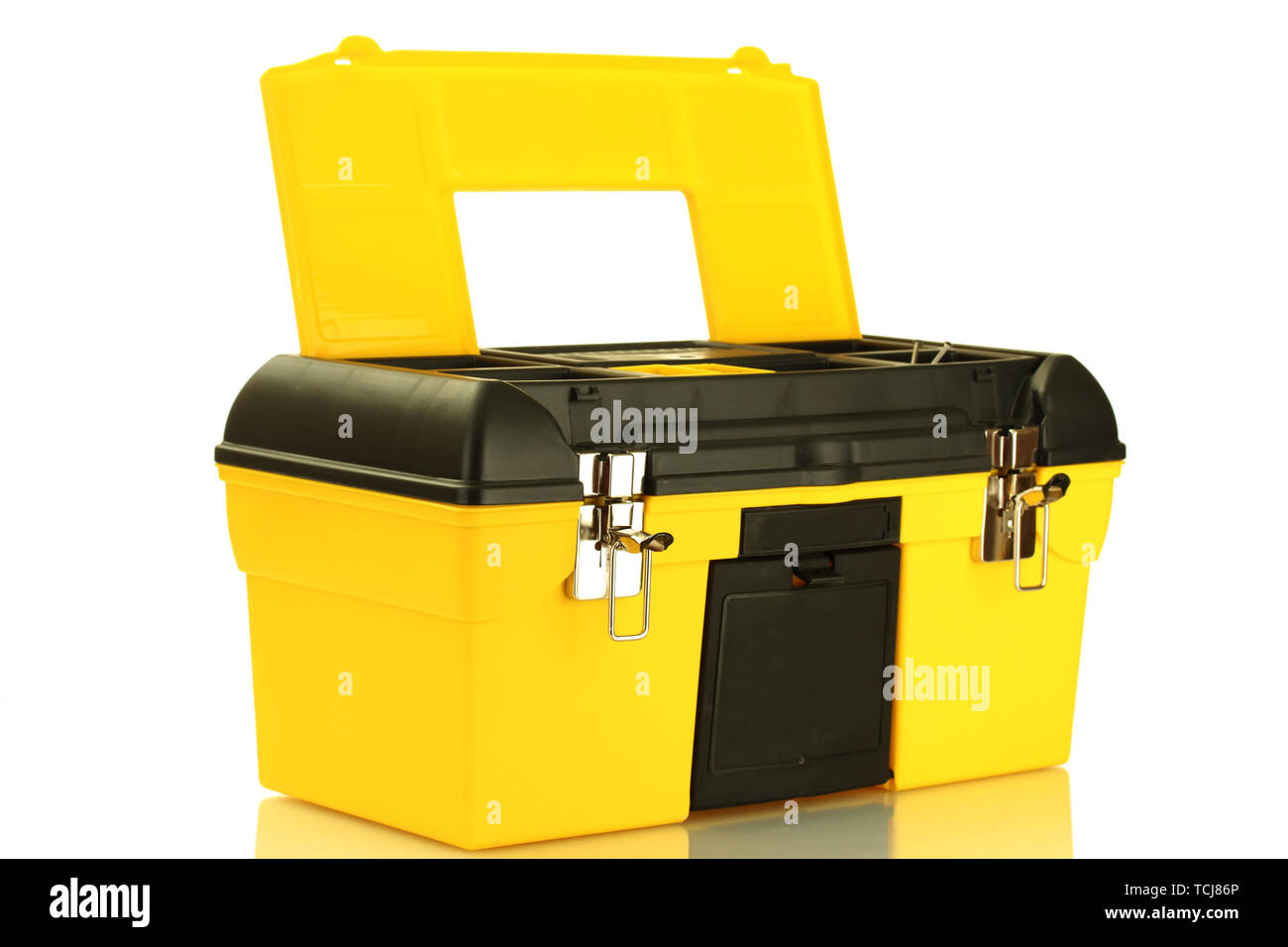 open yellow tool box isolated on white close-up Stock Photo - Alamy