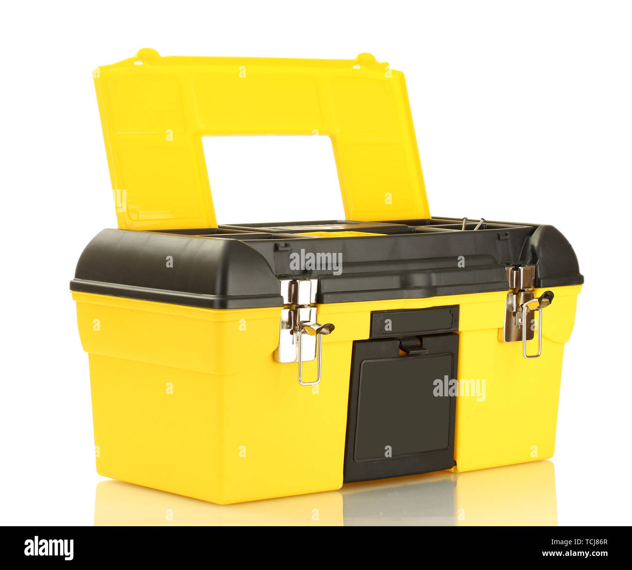 open yellow tool box isolated on white close-up Stock Photo - Alamy