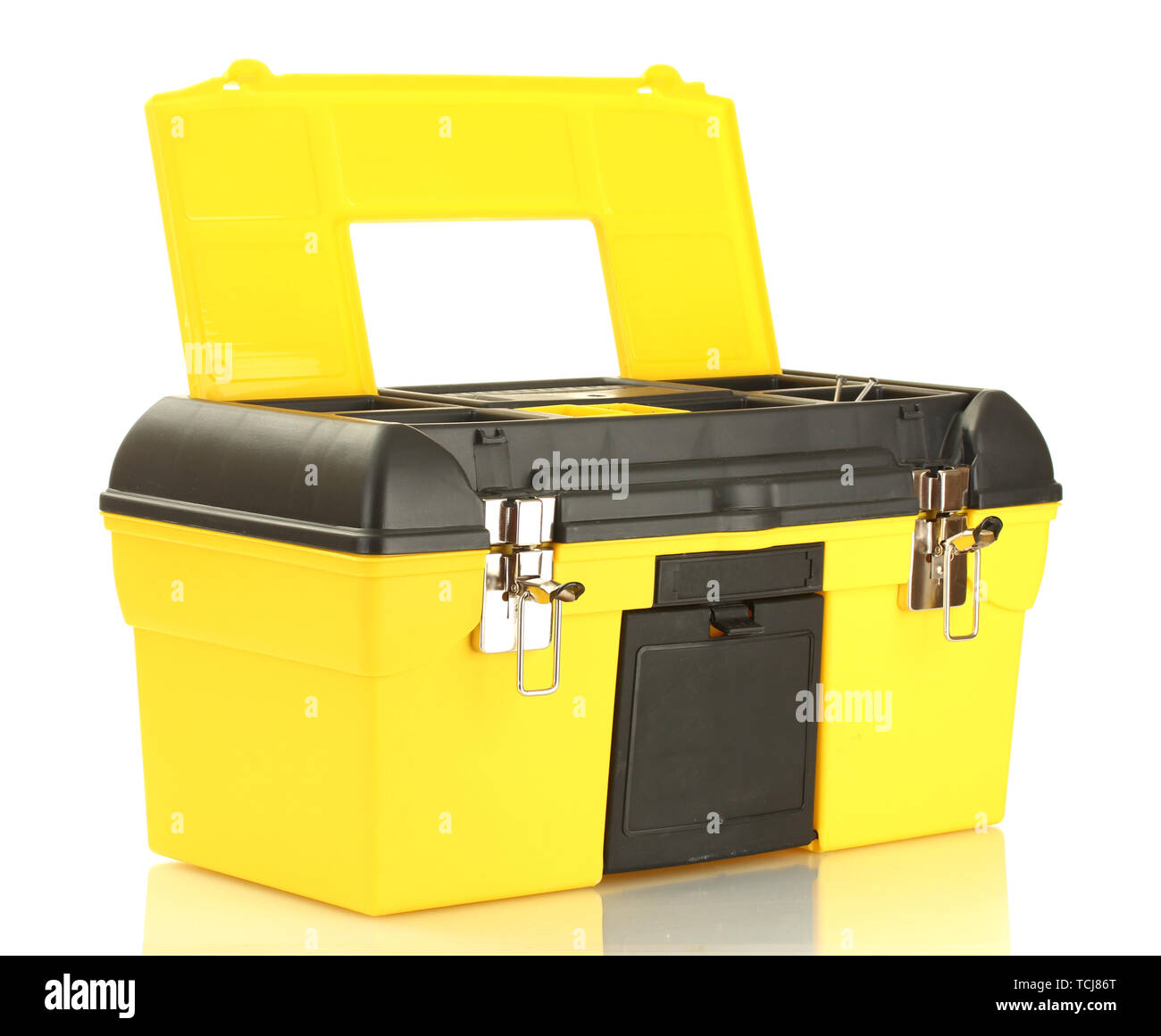 open yellow tool box isolated on white close-up Stock Photo - Alamy