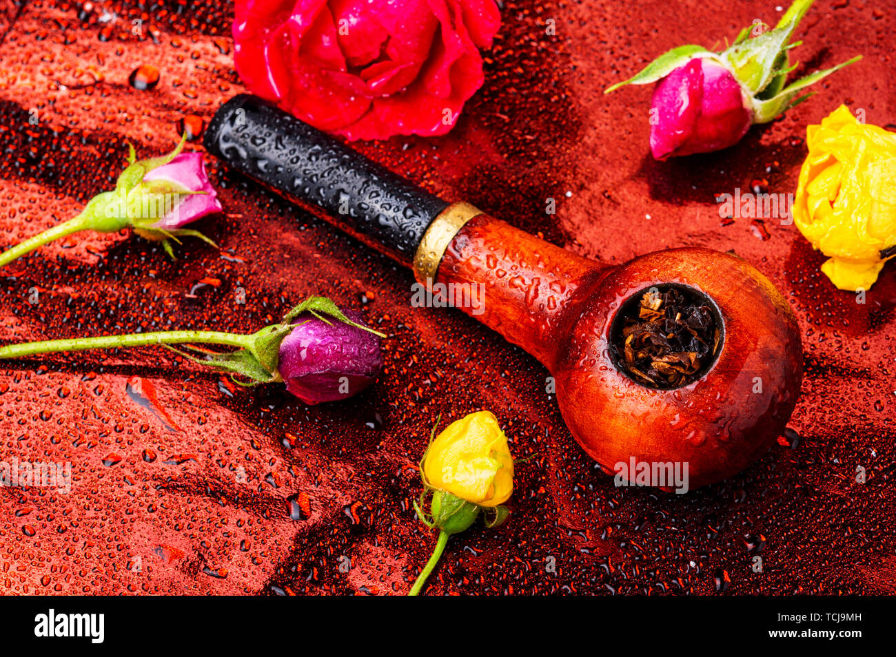 Tobacco pipe and smoking tobacco with rose flavor Stock Photo