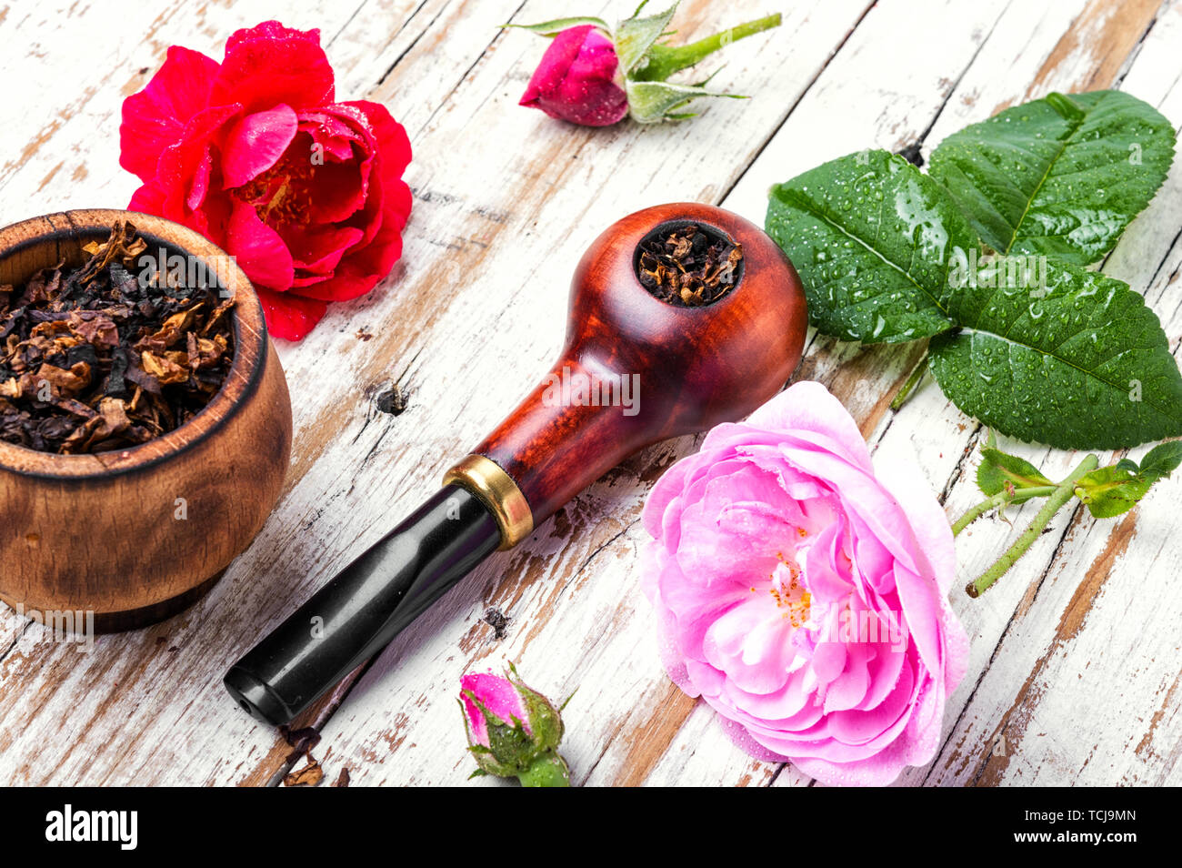 Tobacco pipe and smoking tobacco with rose flavor.Refined taste of tobacco Stock Photo