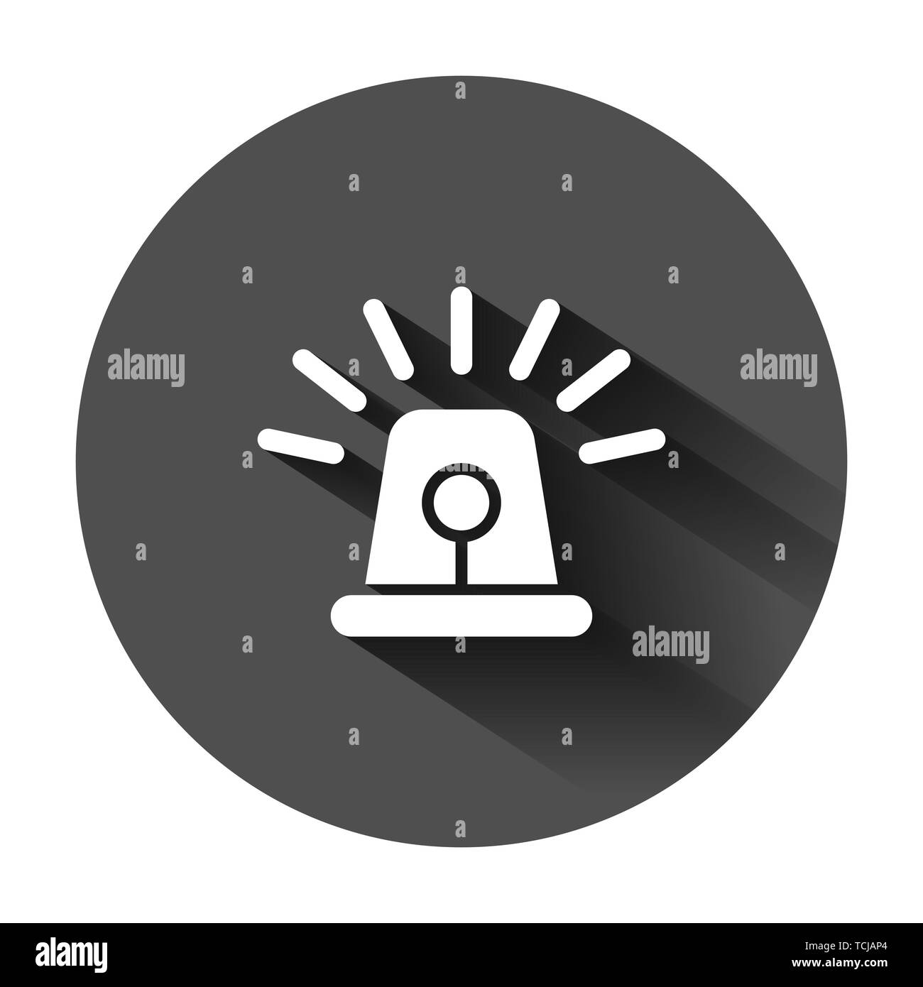 Emergency siren icon in flat style. Police alarm vector illustration on black round background with long shadow. Medical alert business concept. Stock Vector