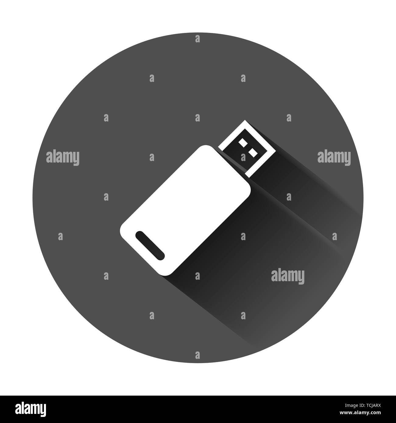 Usb drive icon in flat style. Flash disk vector illustration on black round background with long shadow. Digital memory business concept. Stock Vector