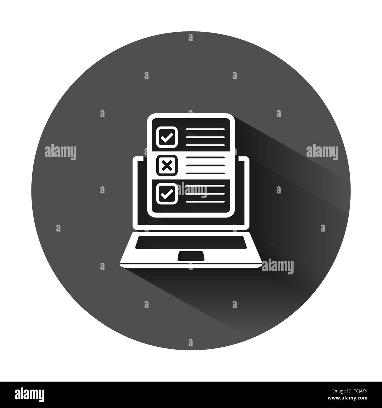 Questionnaire laptop icon in flat style. Online survey vector illustration on black round background with long shadow. Checklist report business conce Stock Vector