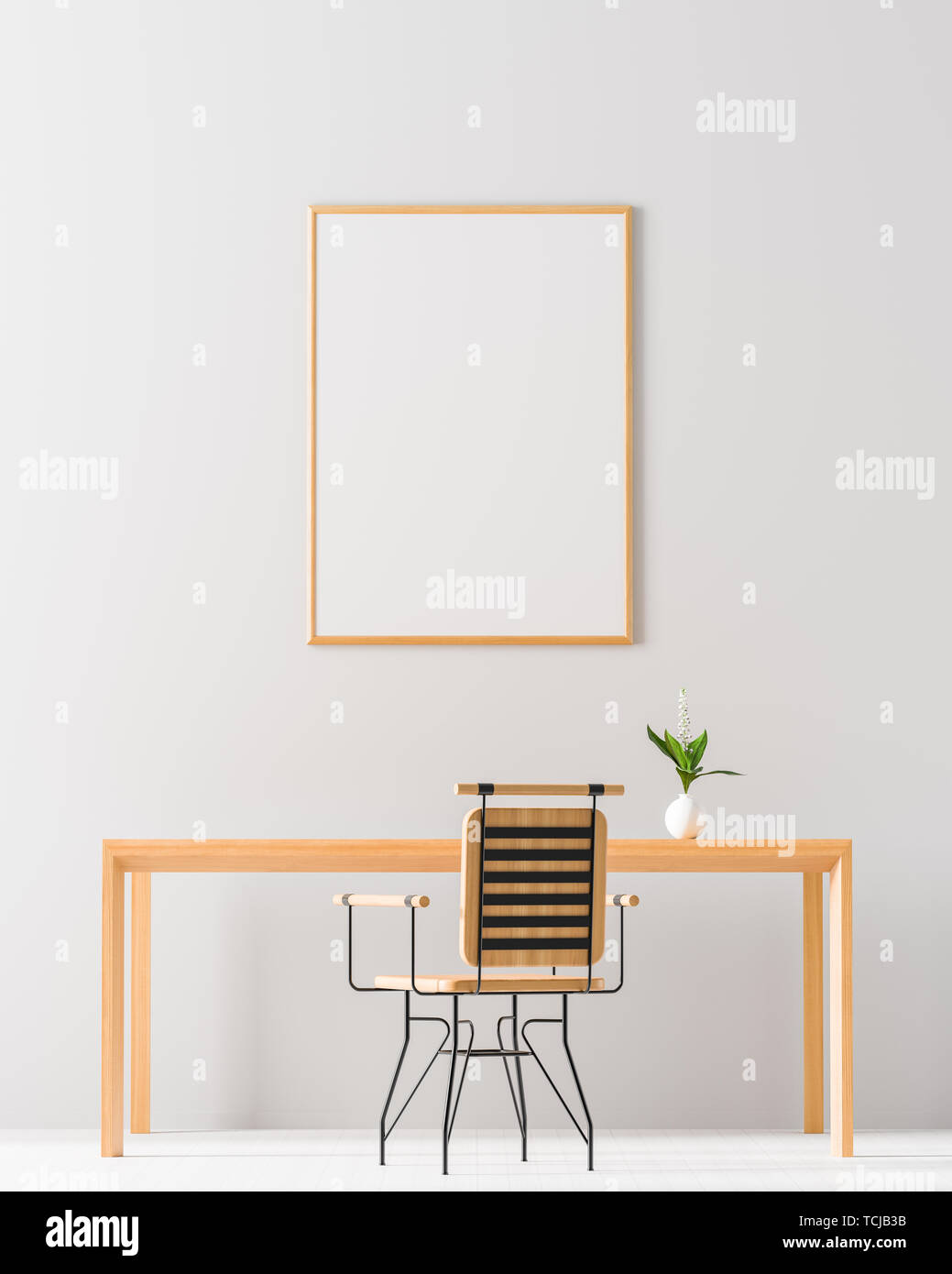 Mock up poster frame in minimalist workspace. Minimalist room design with wooden table and chair. 3D illustration. Stock Photo