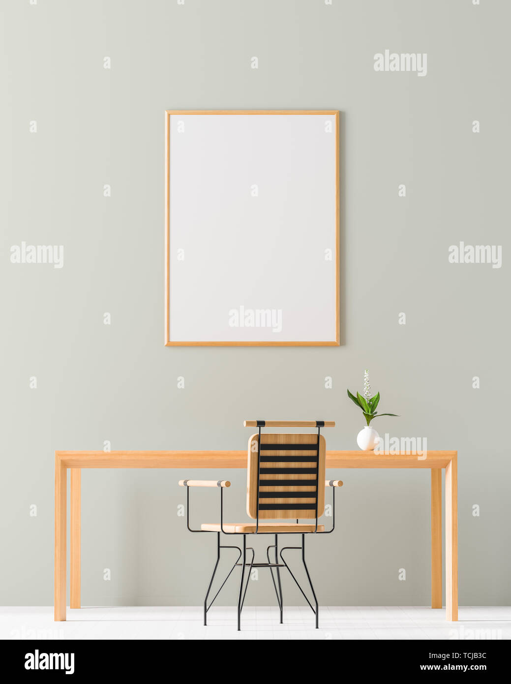 Mock up poster frame in minimalist workspace. Minimalist room design with wooden table and chair. 3D illustration. Stock Photo