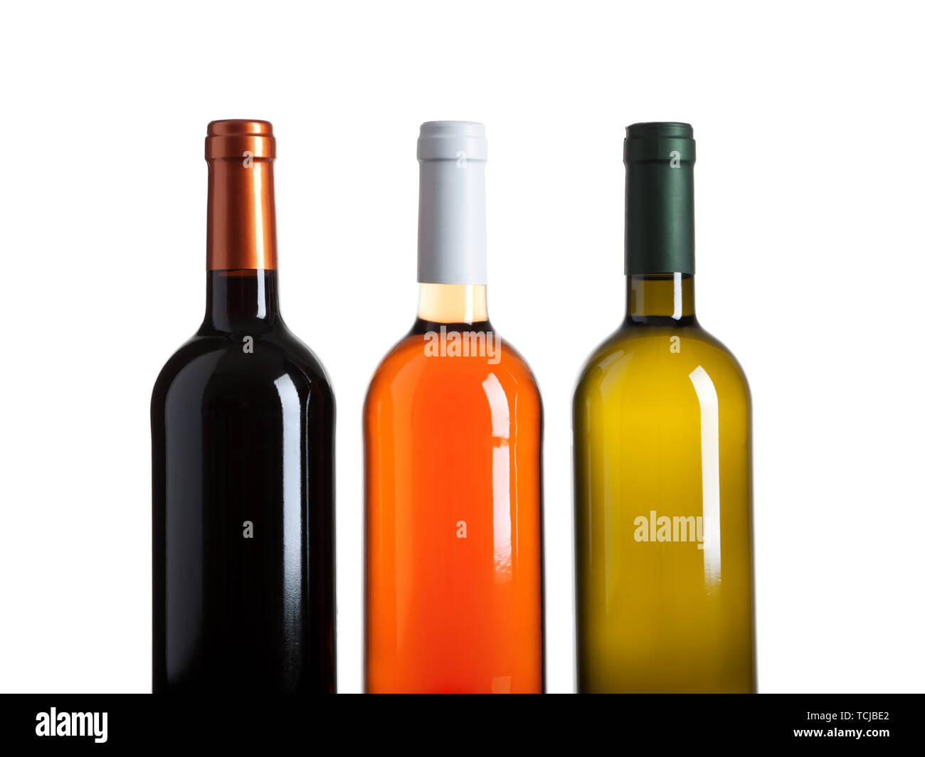 three bottles of wine, red, rose and white, isolated Stock Photo Alamy