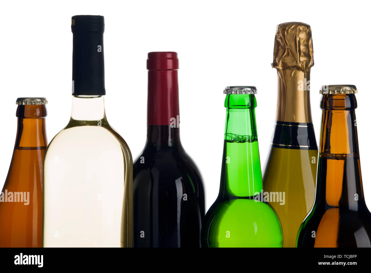 tops of six beer, wine and champagne bottles Stock Photo Alamy