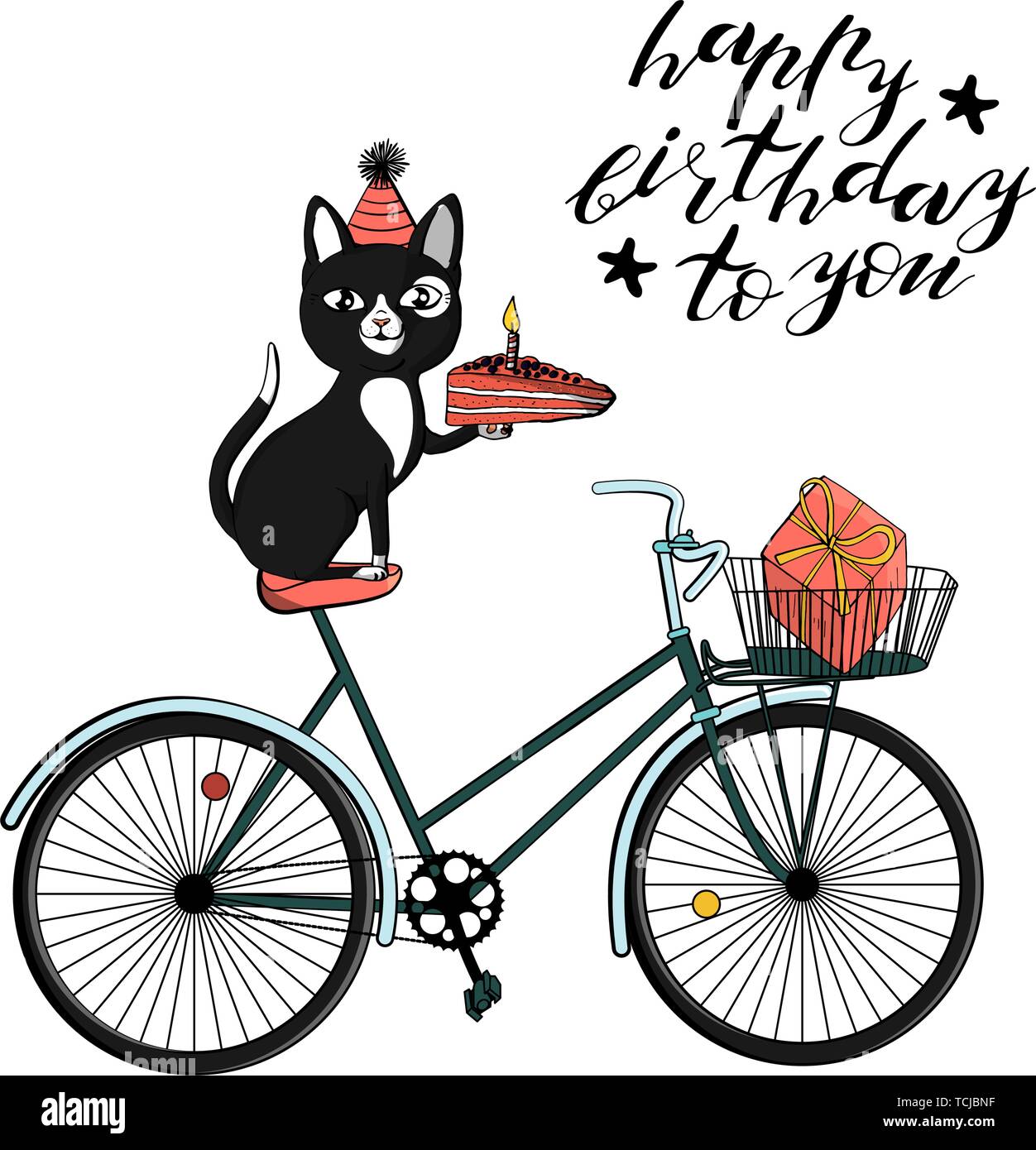 Black Cat In Cone Hat Sitting On Bicycle And Holding Piece Of Cake